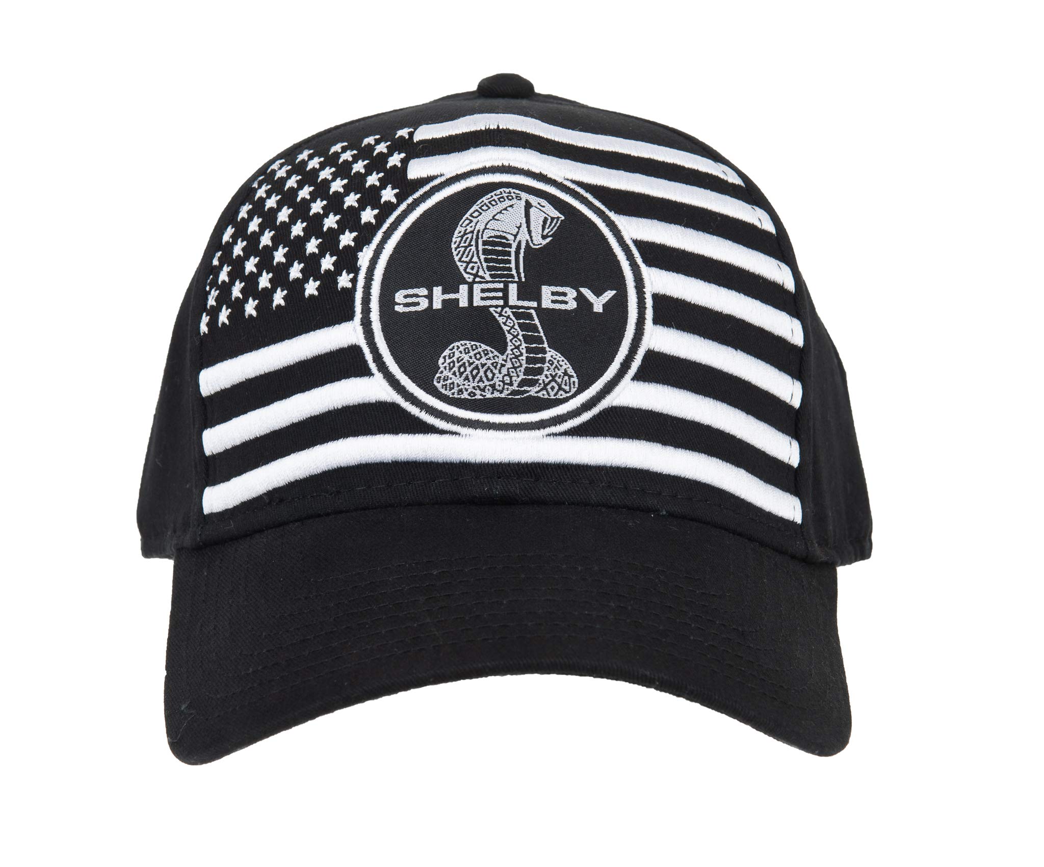 Shelby White American Flag on Black Hat | Officially Licensed Shelby® Product | Adjustable, One-Size Fits All | Two-Piece Hook & Loop Closure