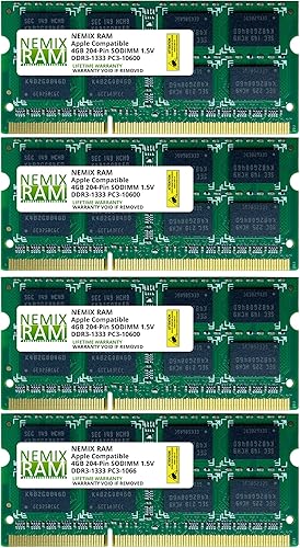 NEMIX RAM Memoria SODIMM DDR3-1333 PC3-10600 de 16 GB (4 x 4 GB de actualización) para Apple MacBook Pro a principios y finales de 2011, iMac Mid