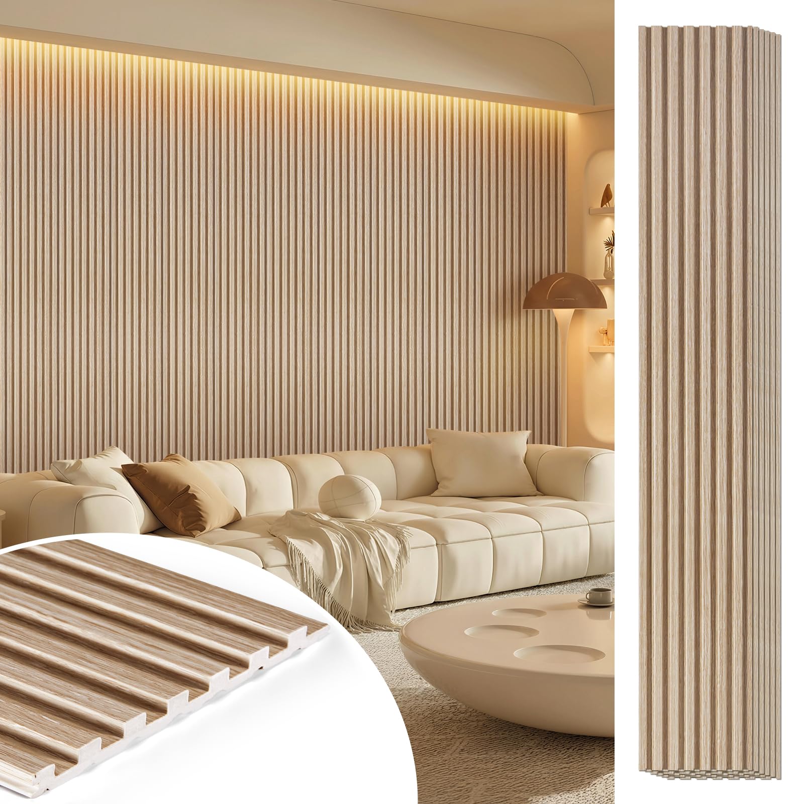 wpc acoustic slat wall panels 8-pack 96'' x 6'', accent 3d wall panel for interior wall decor, waterproof fluted textured panel wall slats,solid white oak (cover approx.32 sq.ft)