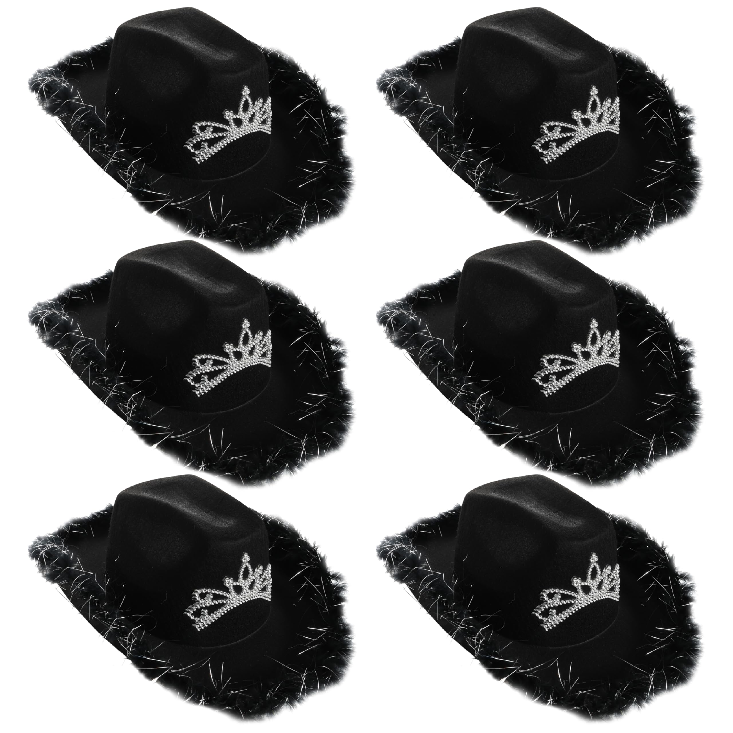 Black Tiara Cowgirl Hats - Pack of 6 Cowgirl Hat with Tiara Decoration and Marabou Trim - Adults Festival Music Fancy Dress Accessory