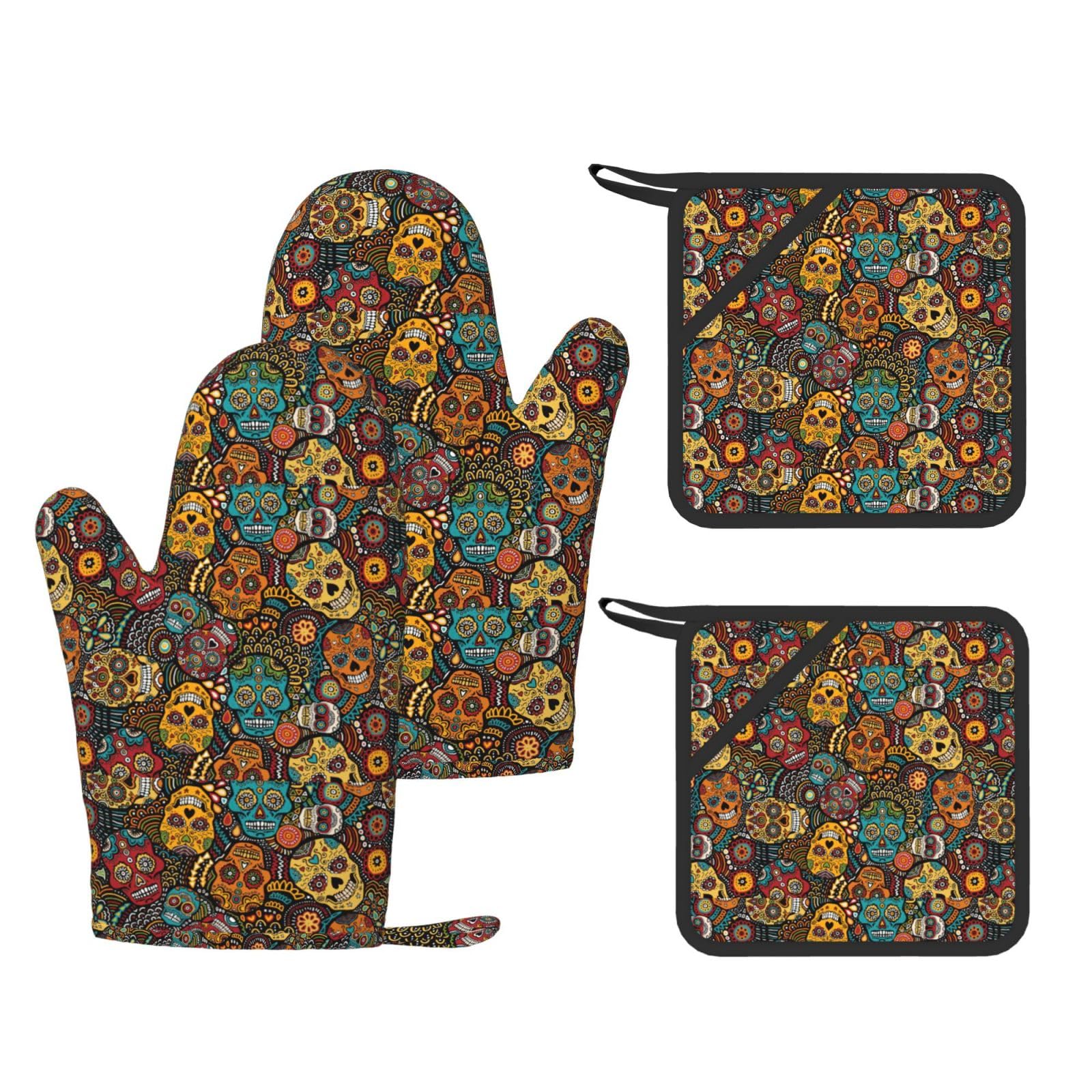 Sugar and Skulls Style Printed Potholder and Oven Mitt Set of 4, High Heat Resistant Cooking Gloves for BBQ Grilling