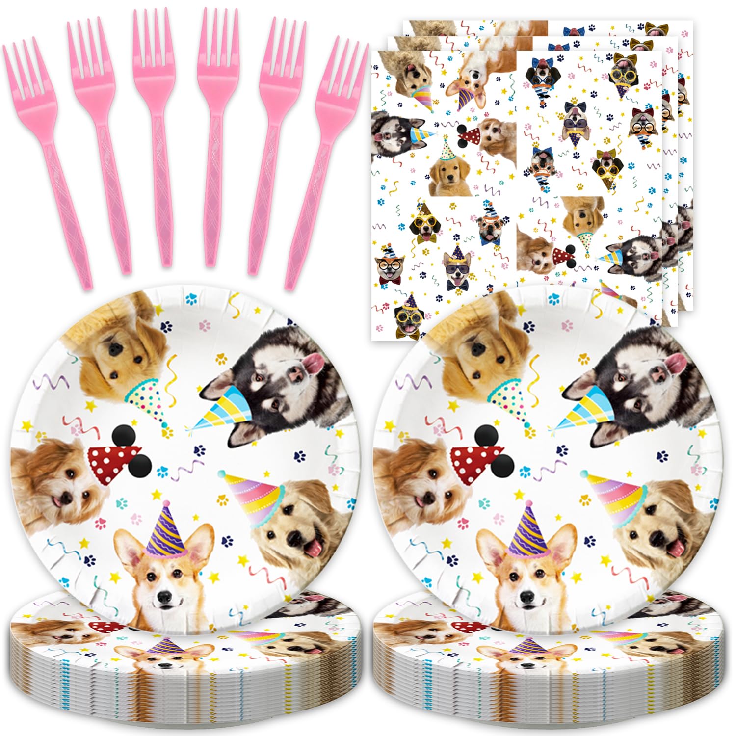 48Pcs Cute Dog Birthday Party Decorations Tableware Inculde Plates Napkins Forks for Birthday Pet Party and more party Serve 16 Guests