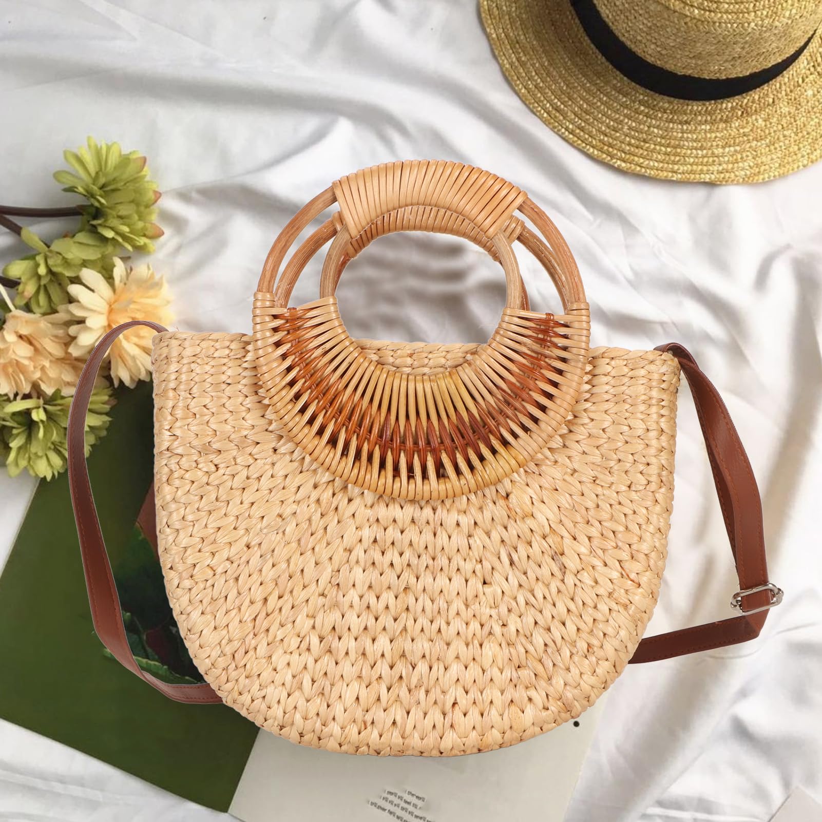 Garsent Mode Weben Rattan Tasche für Frauen, Retro Kleine Halbkreis Handgewebte Stroh Schulter Tasche, Leicht, Langlebig