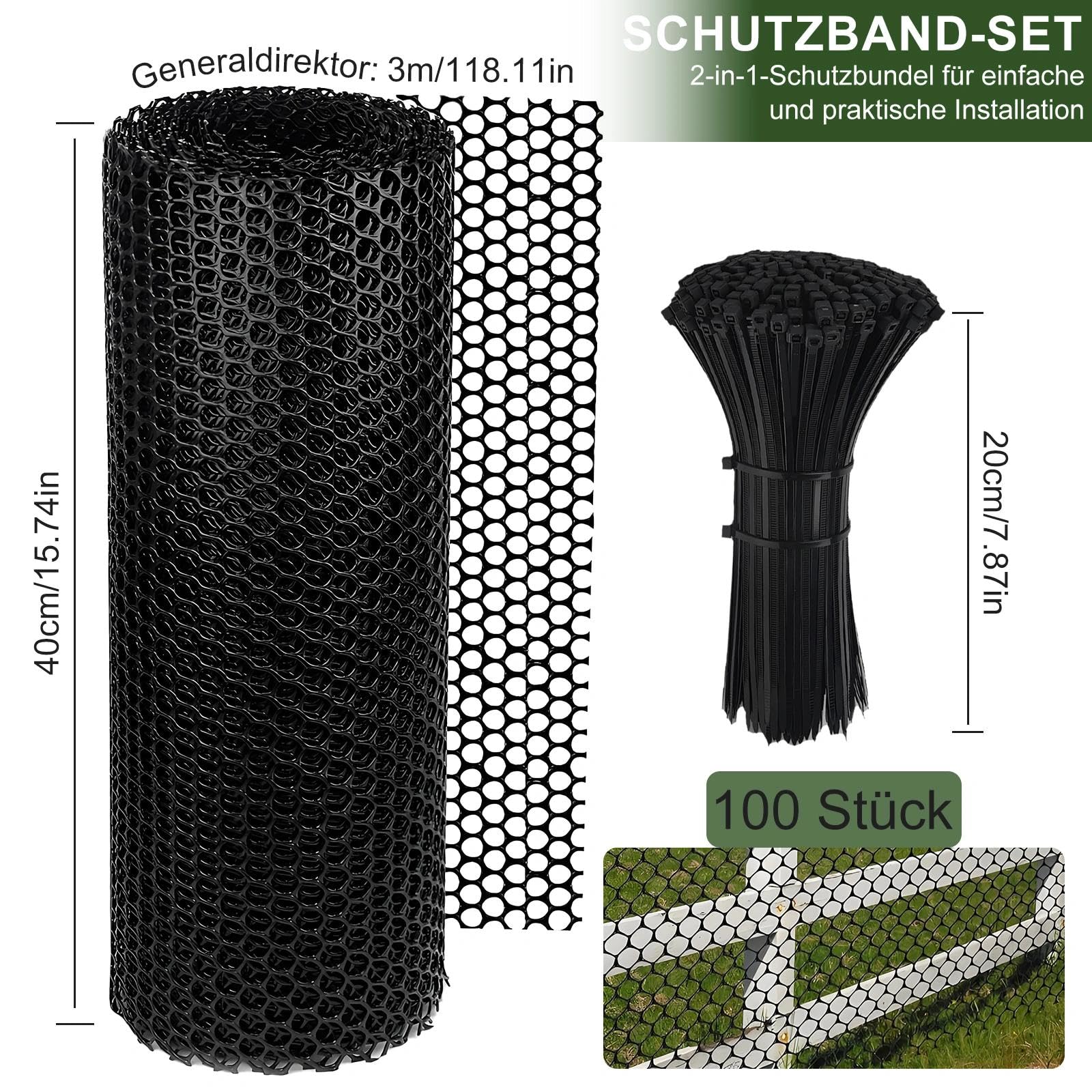 Rejilla de plástico negra con 100 bridas, 40 cm x 3 m, rejilla protectora para ratones, para jardín, balcón, valla de conejo, protección para árboles, malla de alambre para animales