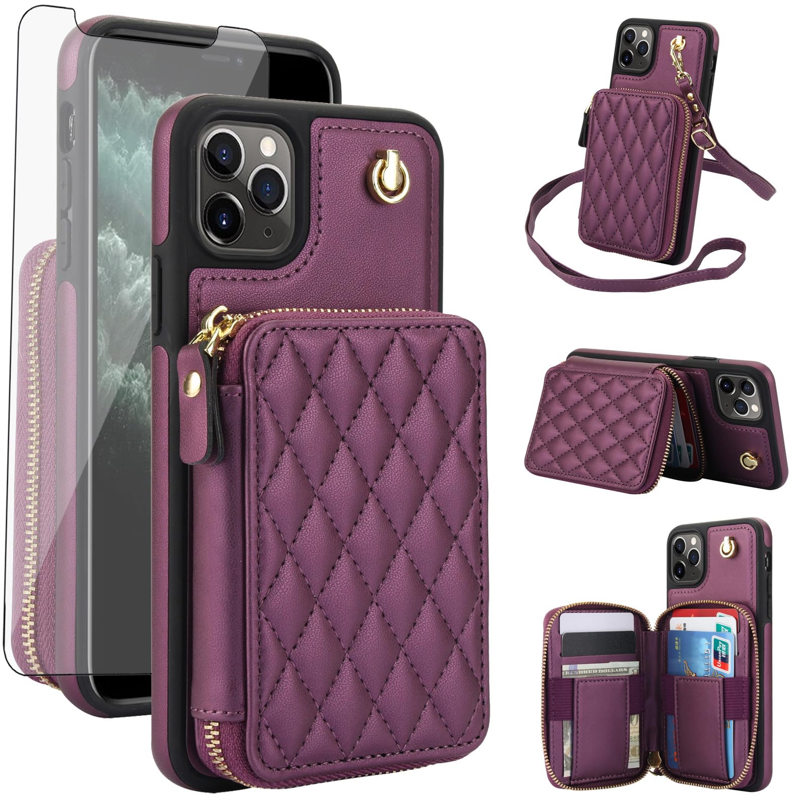 Phone Case for iPhone 11 Pro Max 6.5 Wallet Cell Cover with Tempered Glass Screen Protector Wrist Crossbody Strap RFID Blocking Card Holder Slot