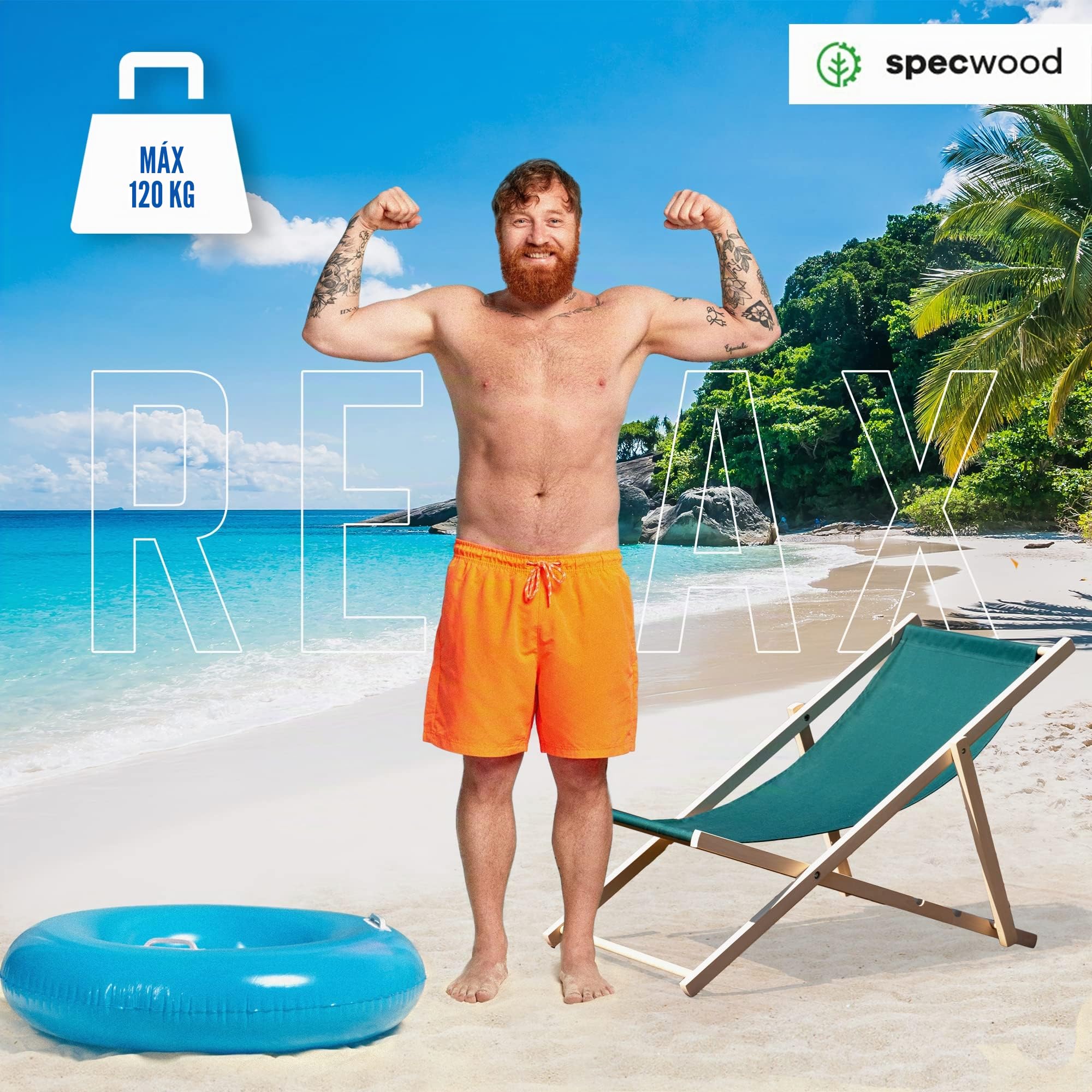 Tumbona de Madera Ajustable para Playa y Jardín Construcción Robusta y Sólida Material Práctico Fácil de Transportar 119 cm x 58 cm Patrón de Rayas