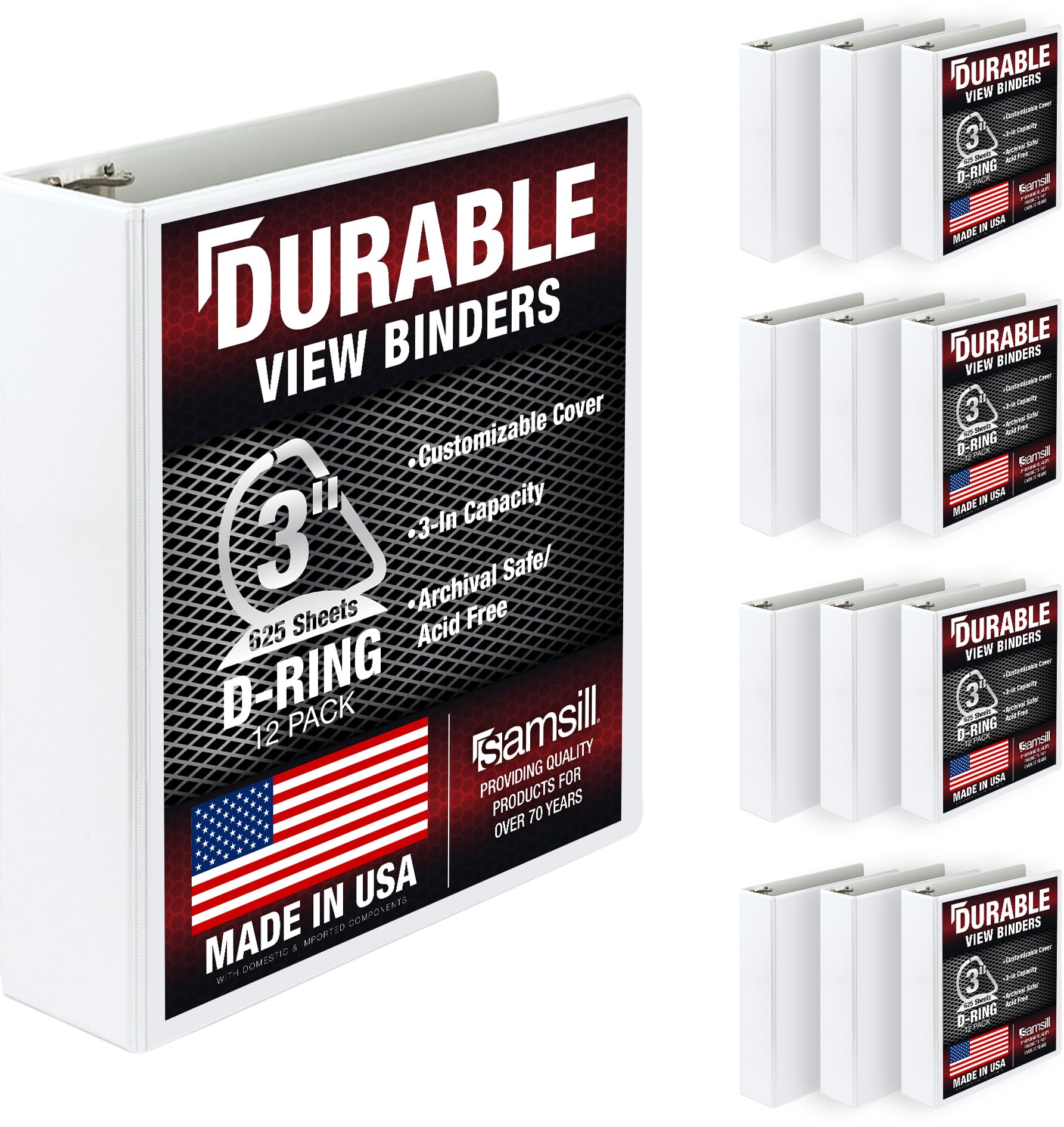 Samsill Durable 3 Ring Binder Made in The USA, 3-Inch D Ring Binder, Holds 625 Sheets, Customizable Clear View Cover, White 12 Pack