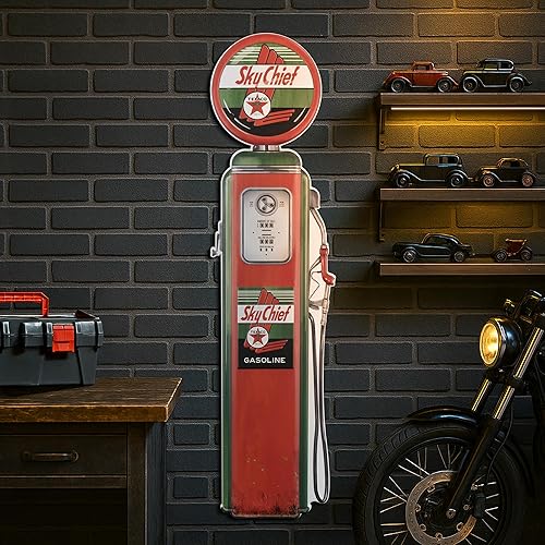 American Art Decor Sky Chief Oil - Letrero de metal vintage con bomba de gas, arte de pared de garaje, decoración clásica para coleccionistas de