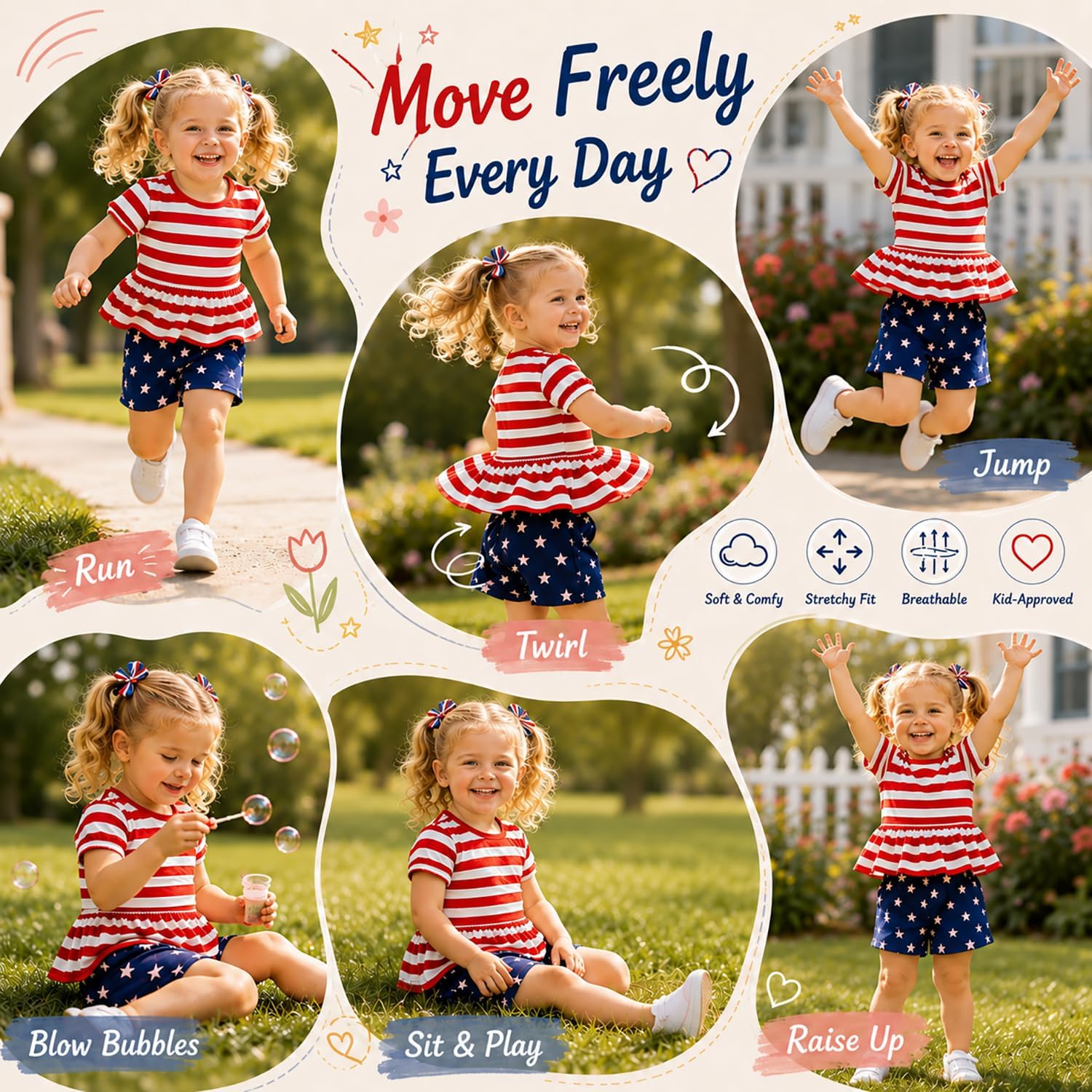 Toddler Girls 2 Piece Outfits Baby Summer Puff Sleeve Shirts Shorts Set Cute Clothes(American Flag,2T,Red/white/blue)