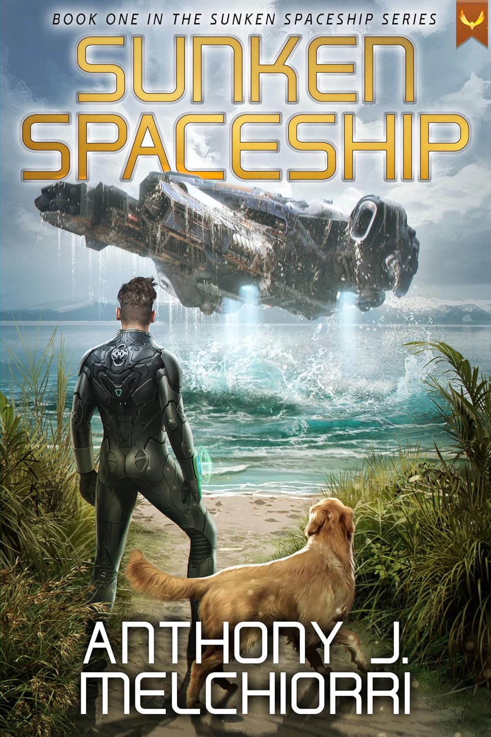 Sunken Spaceship by Anthony J. Melchiorri book cover. Depicted is a man in a black skin-tight suit with a golden retriever next to him. The two are watching a spaceship emerging from an ocean.