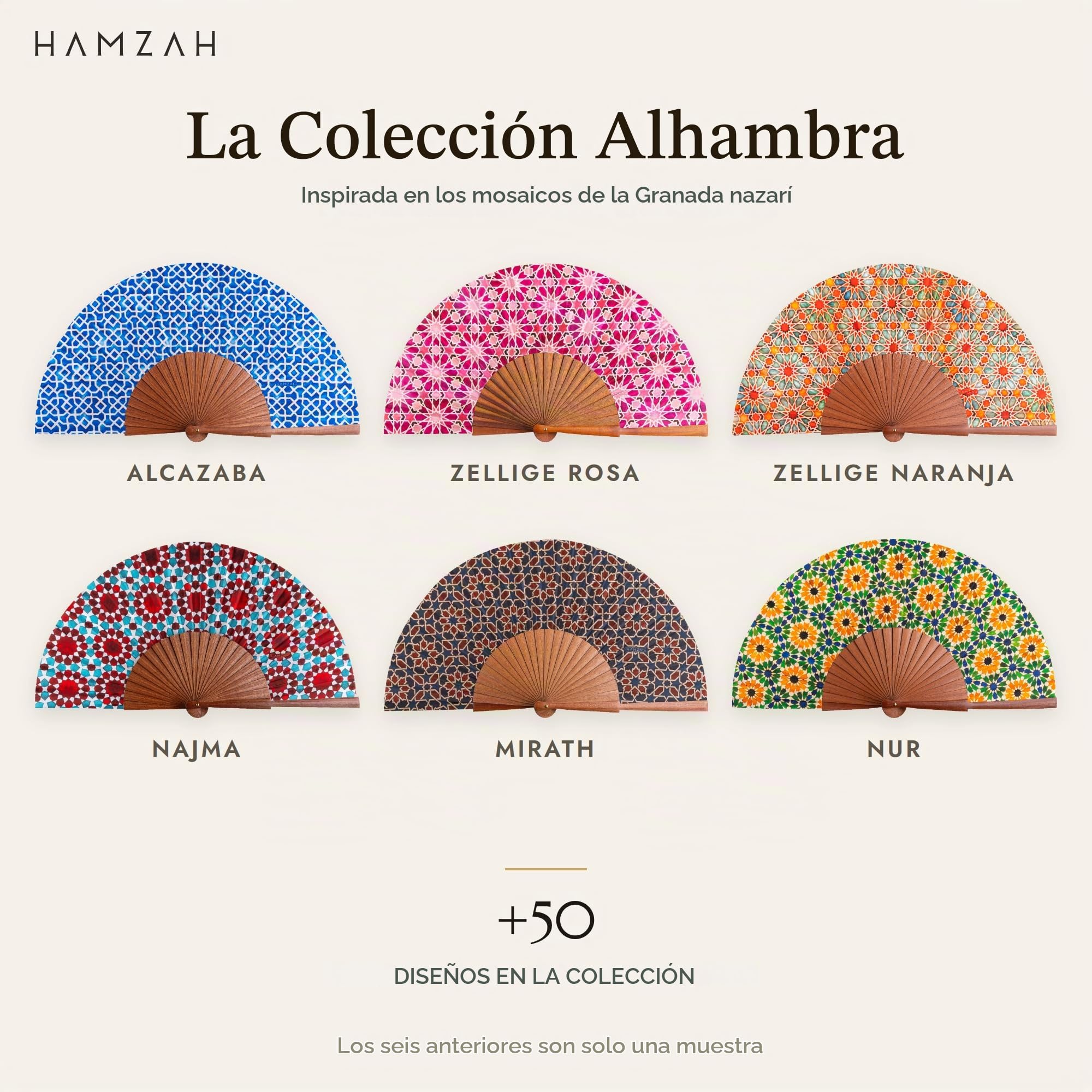 Abanico Español de Seda y Madera – Plegable 23 cm Hecho a Mano en España, Incluye Caja y Funda de Terciopelo - Hamzah (Alcazaba Azul)