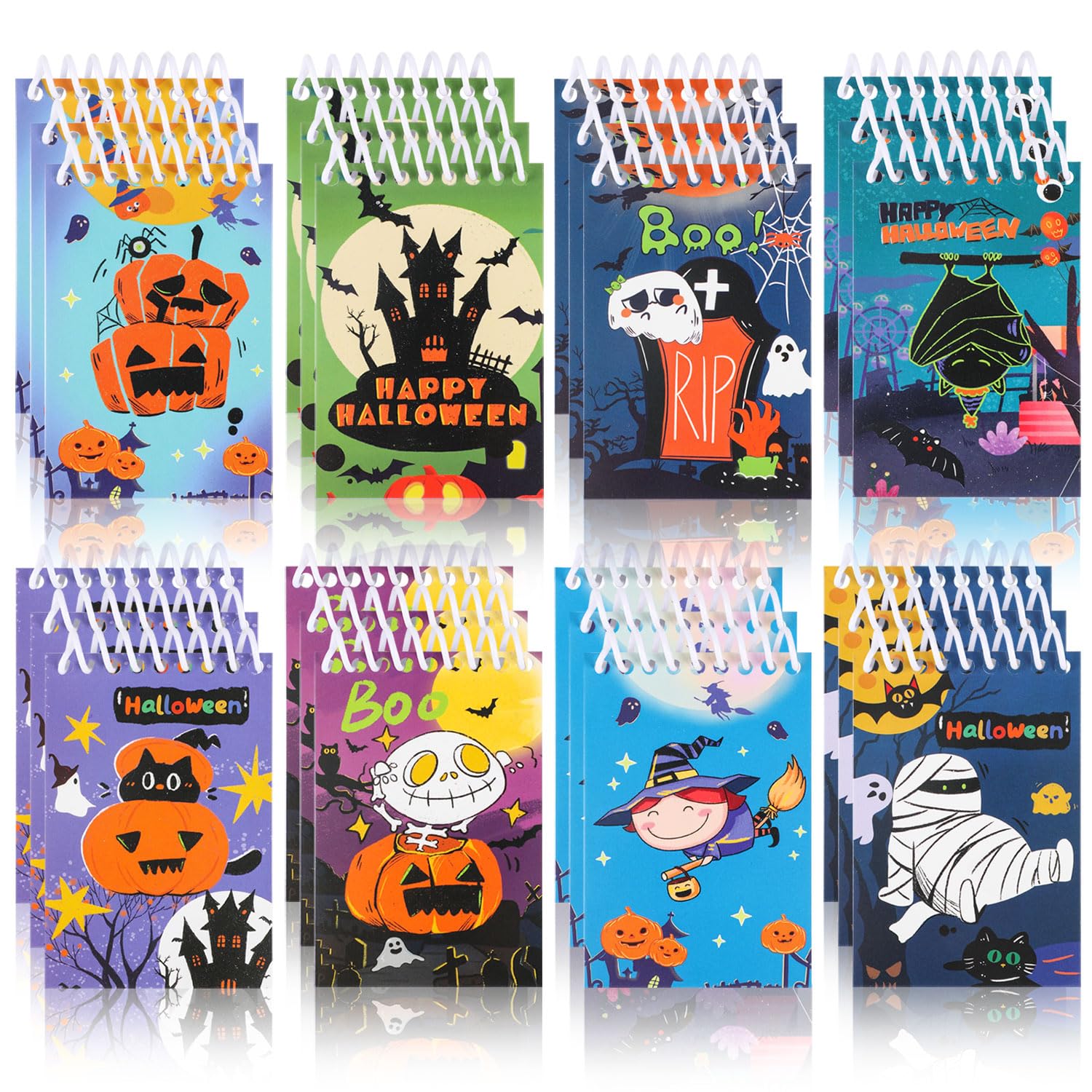 LOMIMOS Halloween-Notizblöcke, Spiralblock, Notizbuch, Mama, Kürbis, Skelett, Geist, Süßes oder Saures für Kinder, Schule, Klassenzimmer, Partygeschenke, 8 Designs, 24 Stück
