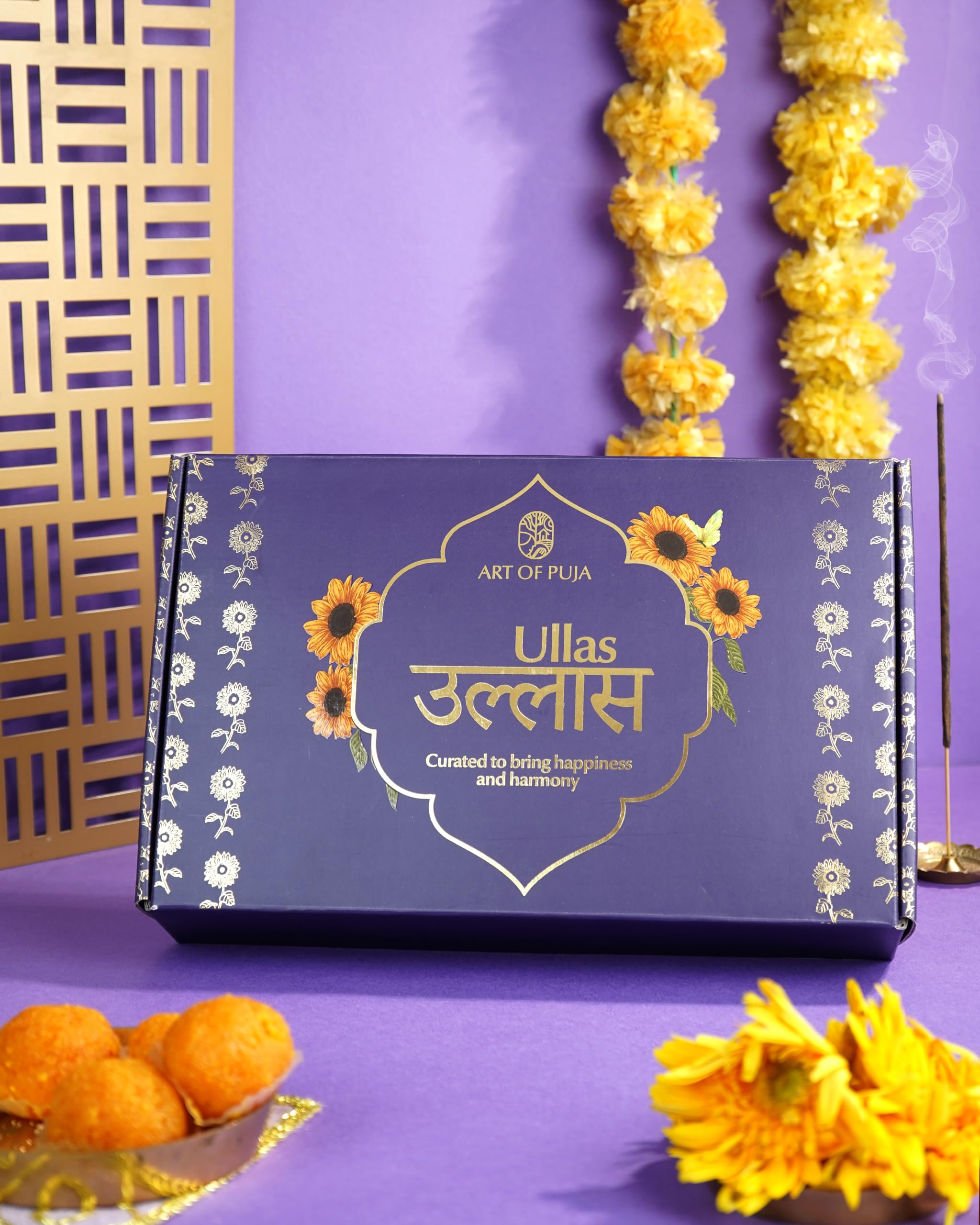ART OF PUJAART OF PUJA Festive Gift Box Ullas (उल्लास) - Curated to Bring Happiness and Harmony | 2 Brass Lotus Diyas, 2 Boxes of Handcrafted Incense Sticks and 1 Brass Pooja Bell (Ghanti)