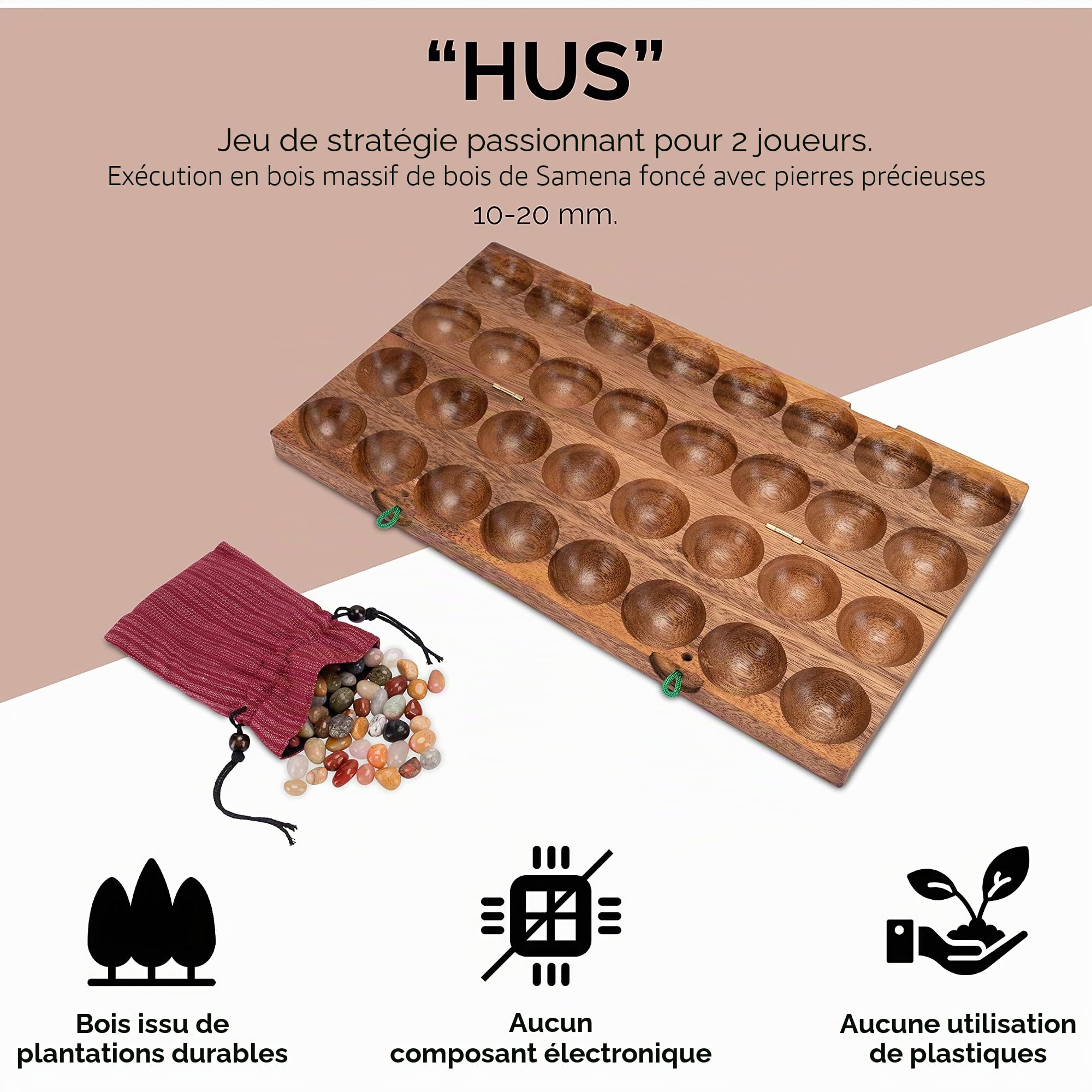 Hus - Bao - Kalaha - Bohnenspiel - Muschelspiel - Edelsteinspiel aus Samena-Holz inkl. 75 Edelsteinen und Stoffbeutel