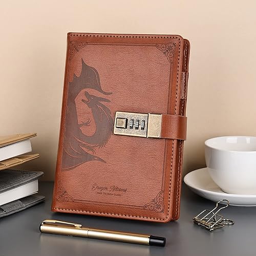Vista 80 de Dragon - Diario de cuero, cuaderno de tapa dura, diario recargable con cerradura, diario de escritura en papel en línea/en blanco con cerradura