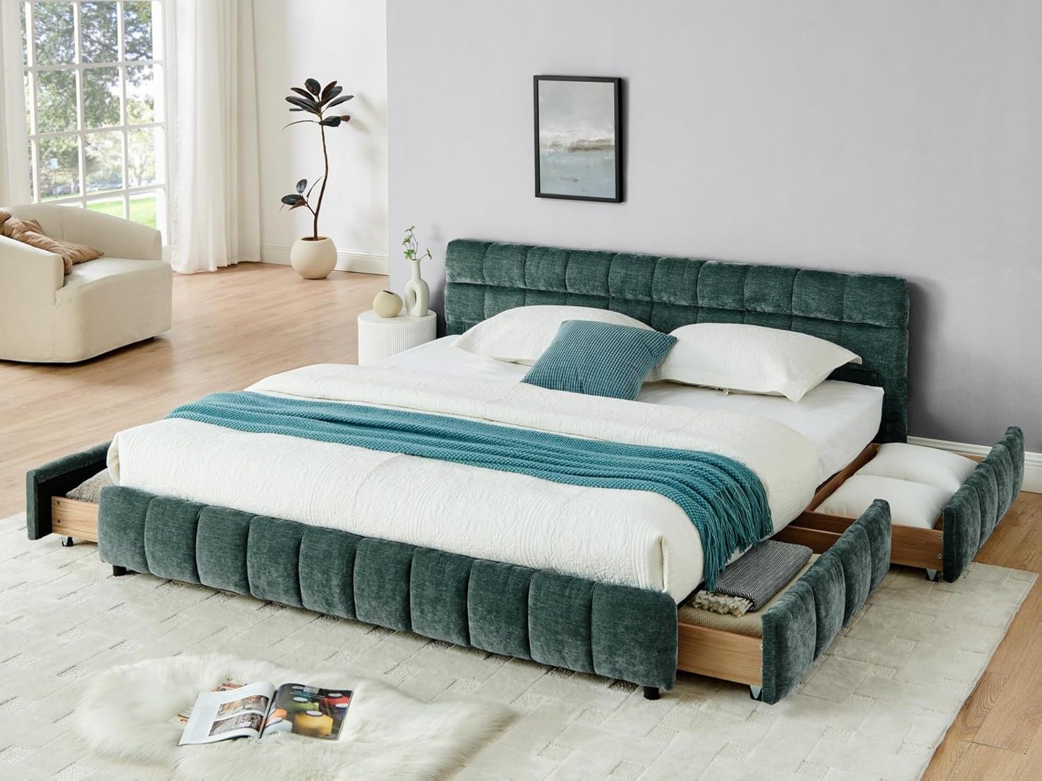 KEIKI King Thick Chenille Bed Frame with 4 Storage Drawer & Upholstered Tufted Headboard, Modern Solid Wood Floor Platform for Bedroom, No Box Spring Needed