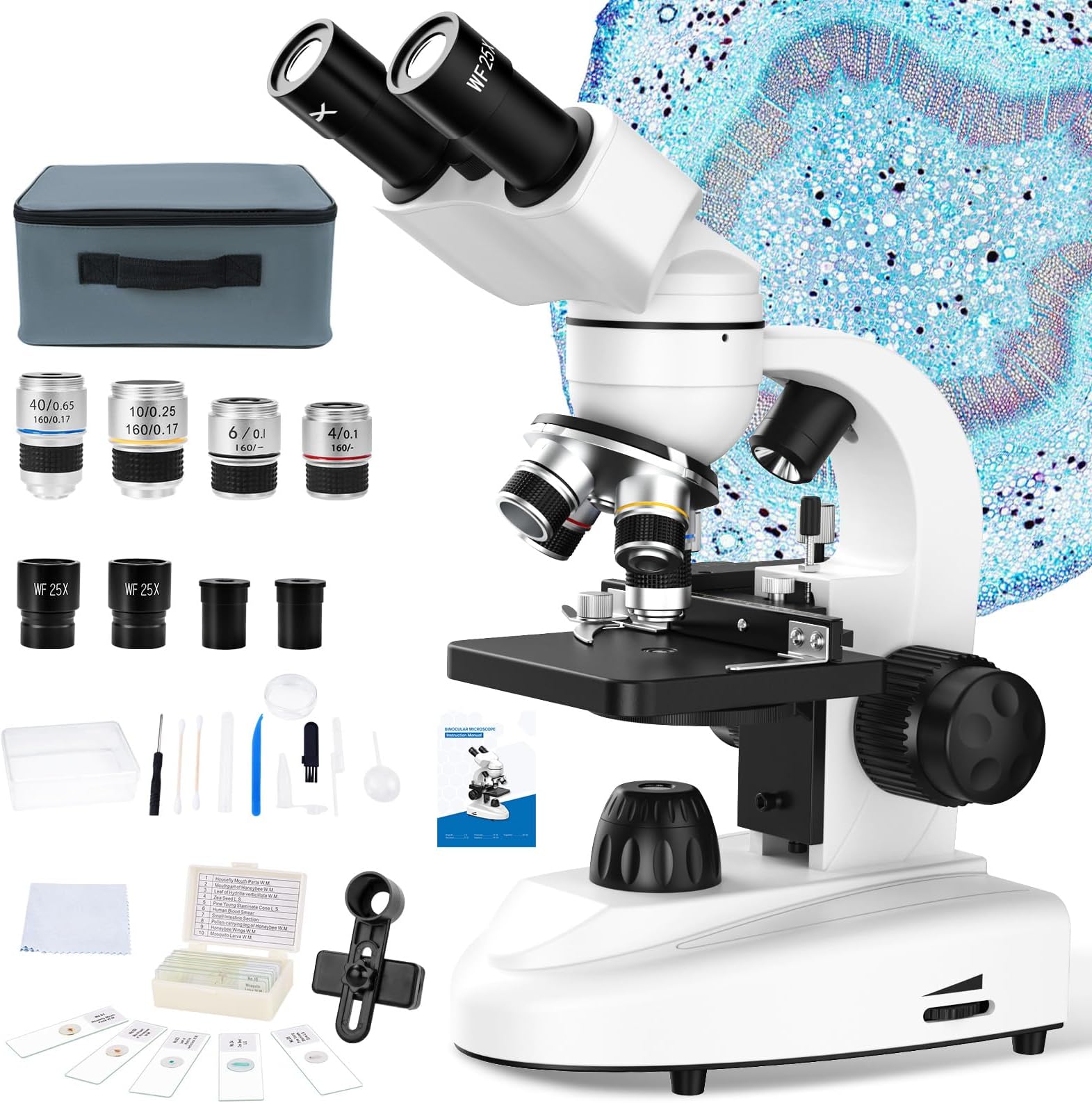 MAXLAPTER Binocular Microscope for Adults and Kids: 40X-1000X Professional Compound Microscope with Slides and Dual Mechanical Stage - Kit for Children Students Beginners Lab Homeschool Education