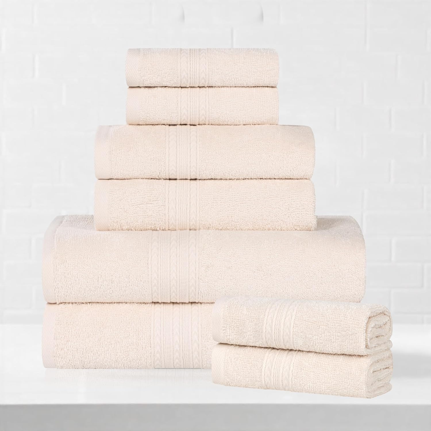 Superior Eco-Friendly Cotton 8-Piece Towel Set, Bathroom, Shower, Quick Dry Home Essentials, Lightweight, Sustainable Towels, 2 Bath, 2 Hand, 4 Face Towels, Washcloth, Highly Absorbent, Ivory