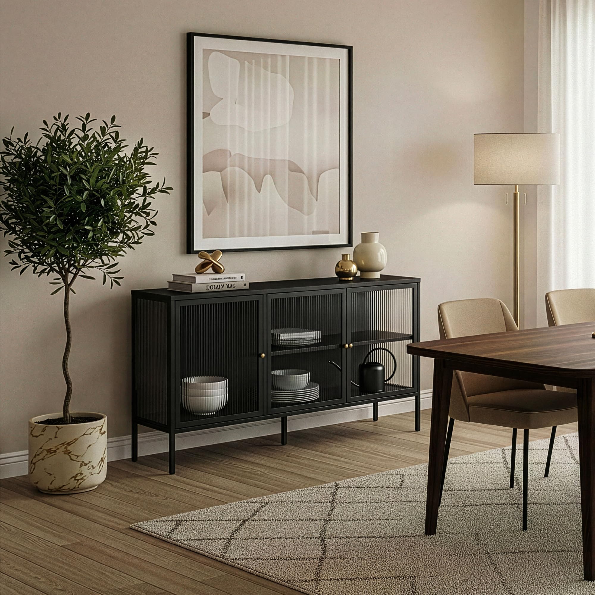 [en.casa] Mobile TV Credenza Industriale in Acciaio Nero con 3 Ante in Vetro Scanalato Madia Moderna per Soggiorno con Ripiani e Passacavi 80x150x40 cm