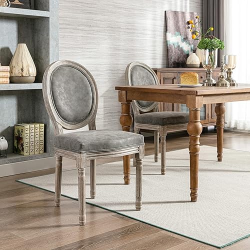 Miniatura 2 de Juego de 2 sillas de comedor de cuero estilo rústico francés para cocina y comedor con respaldo redondo de poliuretano, sillas de cocina tapizadas