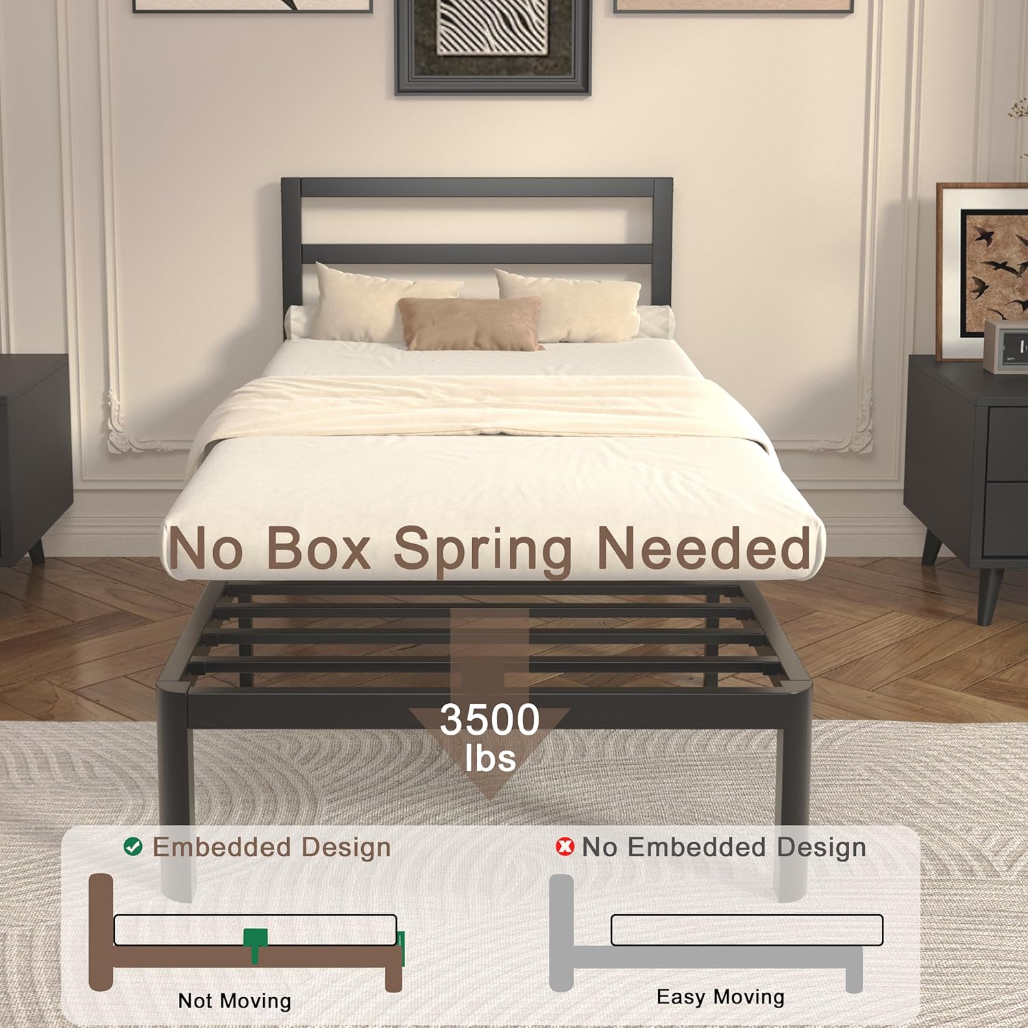 14 Inch Twin Bed Frame with Headboard, Black Metal Twin Size Bed Frame, No Box Spring Need, Anti-Slip Gaskets, Noise-Free, Heavy Duty Steel Platform Support, Easy Assembly
