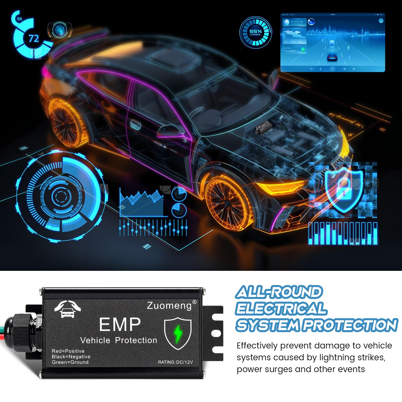Zuomeng Vehicle EMP Protection, 12 Volt DC for Cars and Trucks, Lightning, Solar Flare & Surge Protection