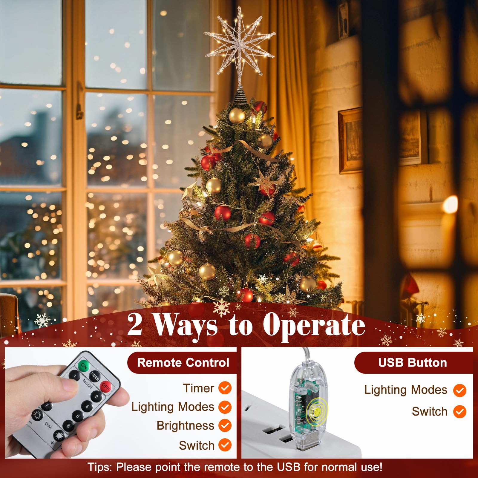 Lewondr Stella Cima Per Albero Di Natale 20 LED, 13.8 Pollice Stella A 10 Punte In Resina Lucente, Cima Alimentata A USB E Telecomando Per Decorazione Albero Di Natale, Timer 6H & 8 Modalità, Argento