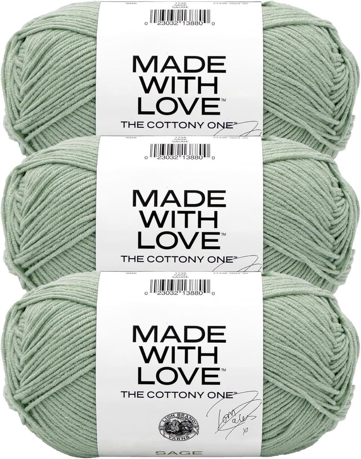 Lion Brand Yarn Made with Love The Cottony One Yarn for Crocheting, Knitting, and Crafts, Sage, 3 Pack