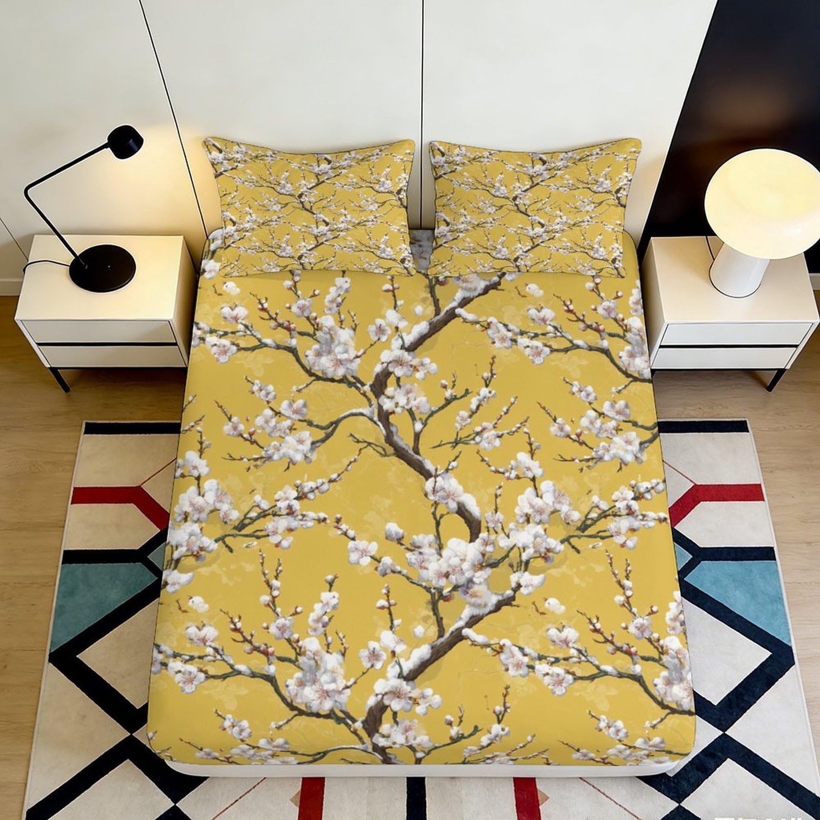 3D Printed Yellow Blossom Fitted Sheet Microfiber Soft Breathable Plum Branch Mattress Cover Bedroom Decor 90x200x25cm