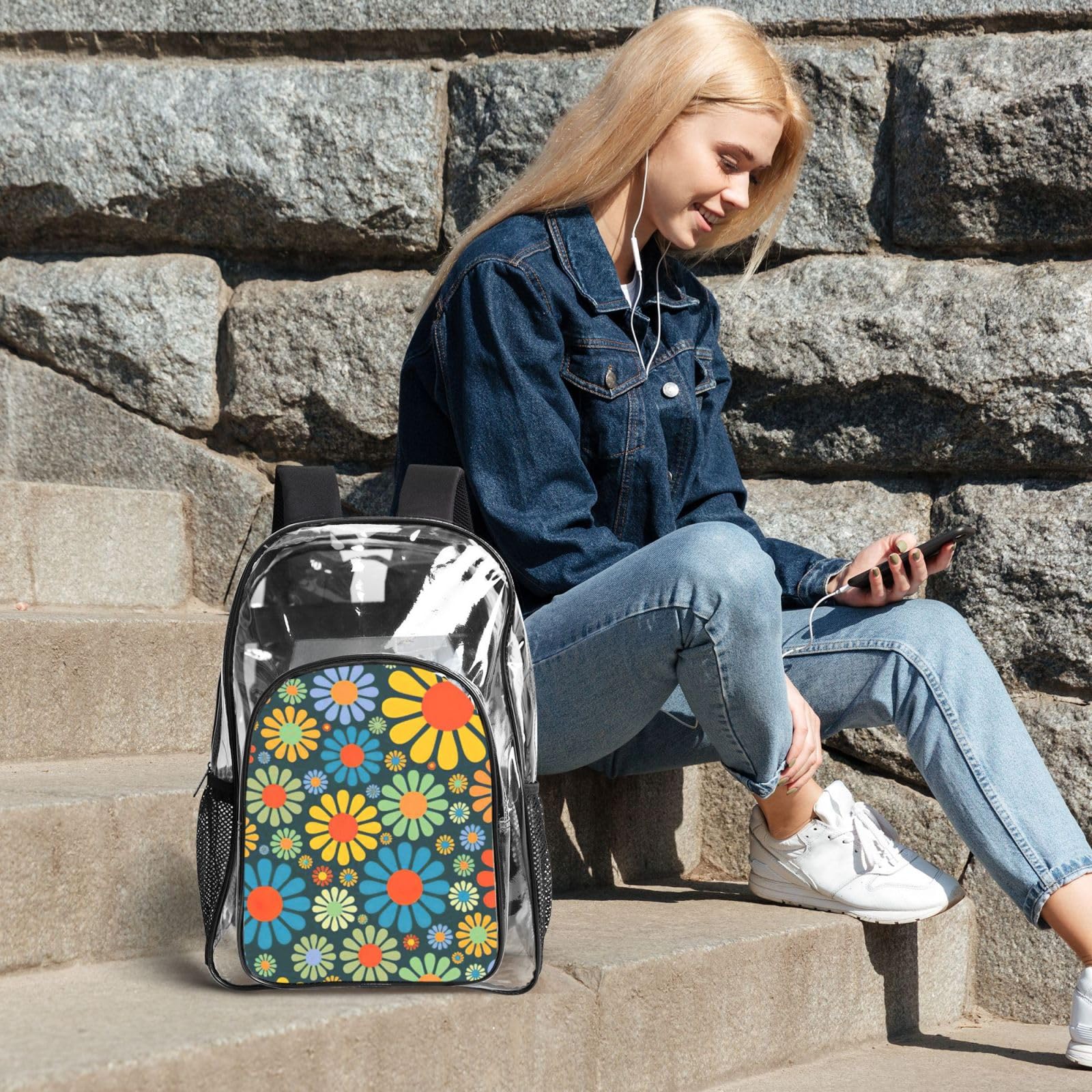 Hippie Pattern Stampa Trasparente Leggero 3 Pezzi Lunch Bag Combo Trasparente Zaino Set Scuola Viaggio