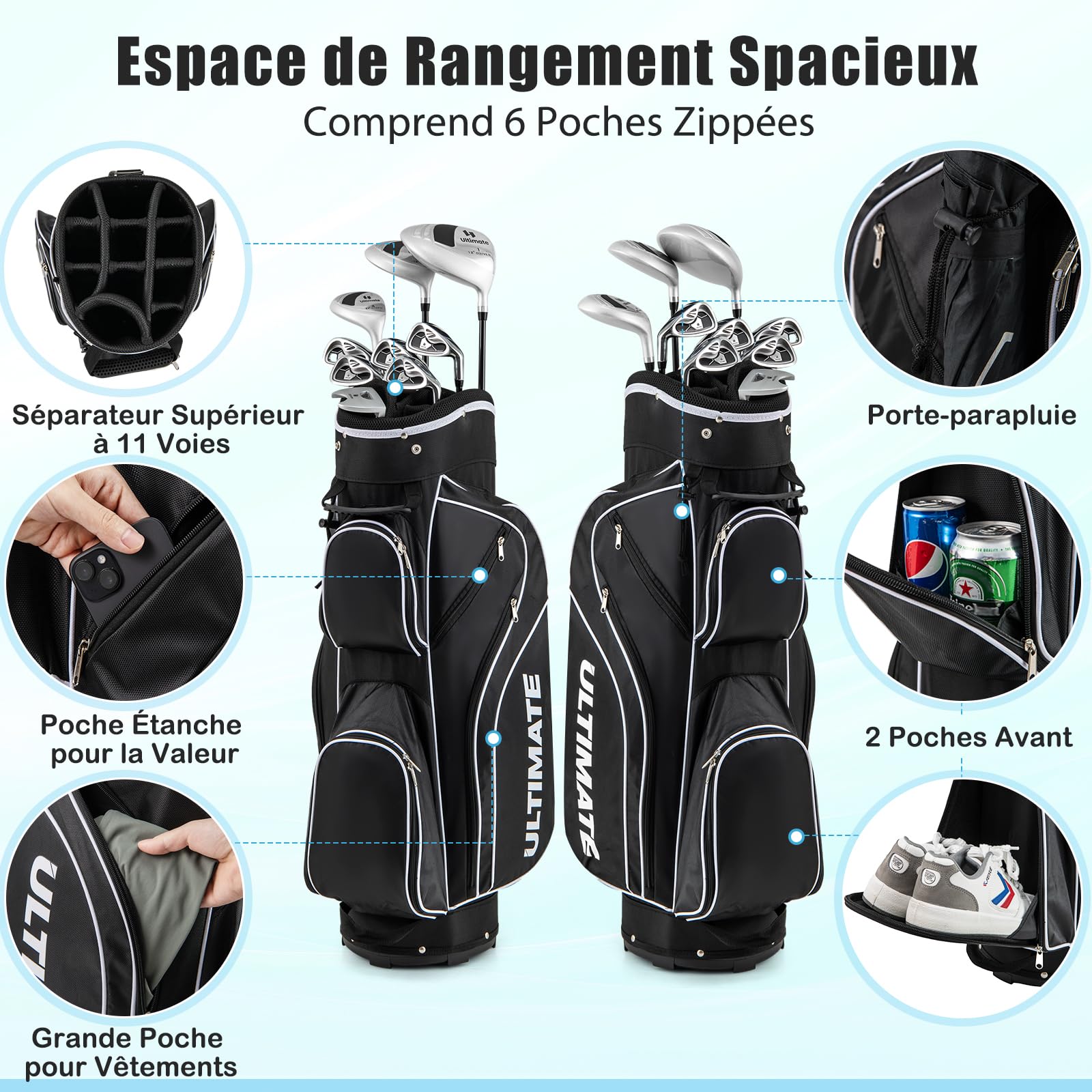 GOPLUS Clubs de Golf pour Enfants, Inclus 205CC #3 Fairway, #7 & #9 Fers, Putter, Couvre-tête, Sac de Golf Portable avec Capuchon de Pluie, pour Garçons Filles de 8-10 Ans