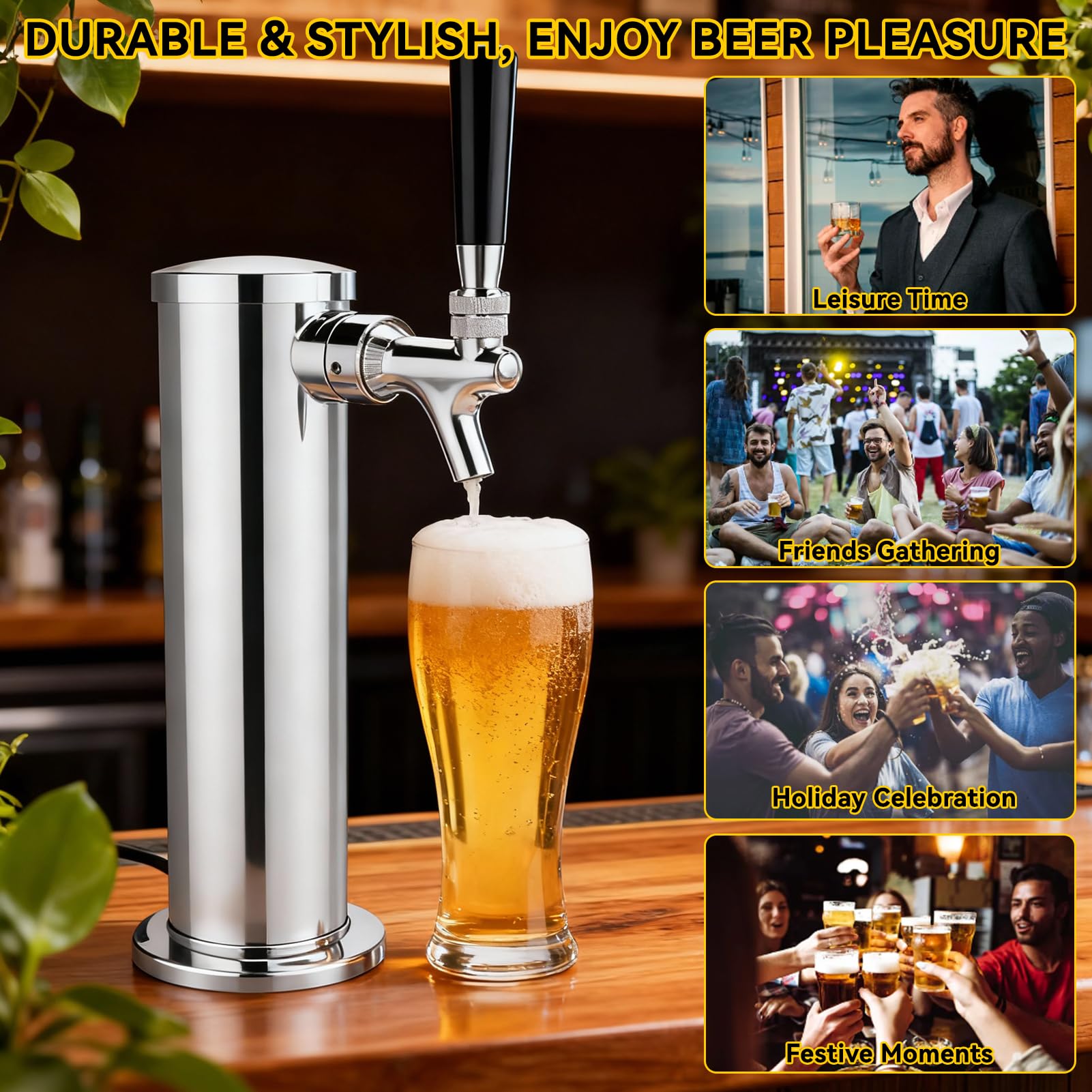 Bierfassturm mit Einzelhahn, 32.5cm Edelstahl Bier Turmspender Homebrew Fassbierturm Bierzapfanlage Trinksäule Kegerator Turm Kit für Hause Partys Bier Saftzapfanlage
