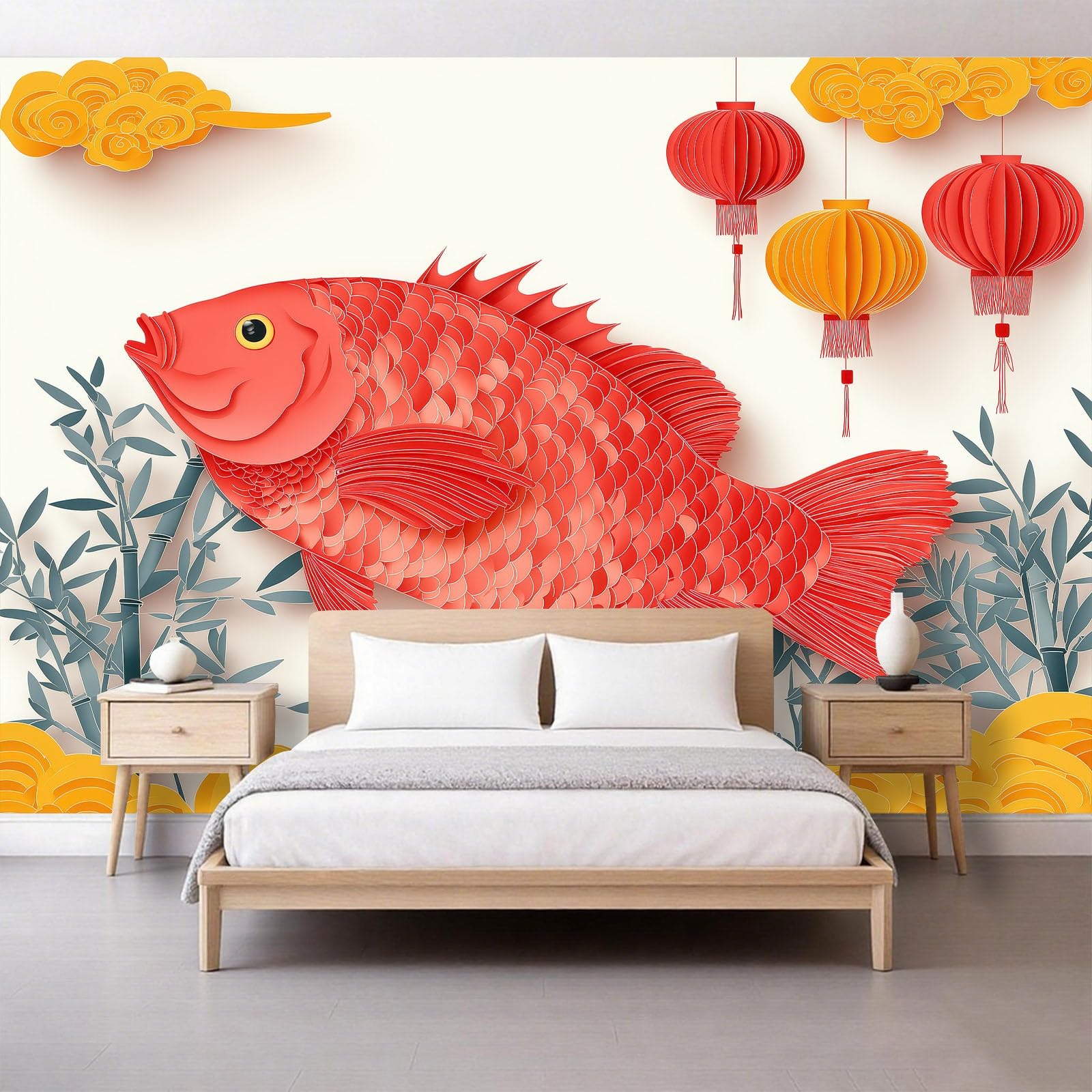 Générique Chińska tapeta z włókniny 3D, bambus, 250 x 175 cm, tapeta z włókniny, plakat ścienny do salonu, pokoju dziecięcego, dekoracja ścienna, łatwy montaż, żółta