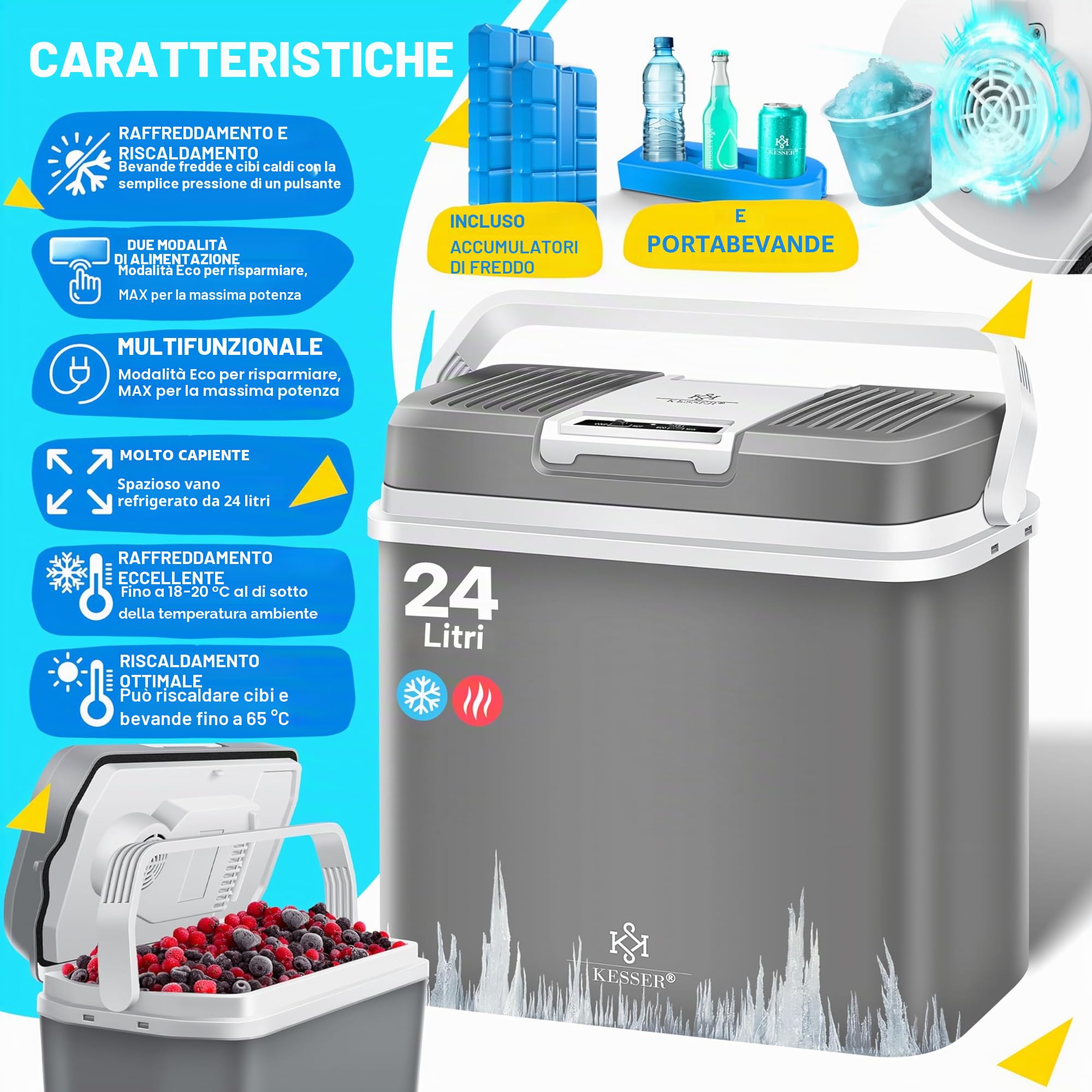 KESSER® Frigobox da 24 litri | RAFFREDDA e RISCALDA | Frigo box termoelettrico 12 volt e 230 volt con 2 batterie di raffreddamento | Mini frigo | per auto e campeggio | EEK A+++| Auto e campeggio
