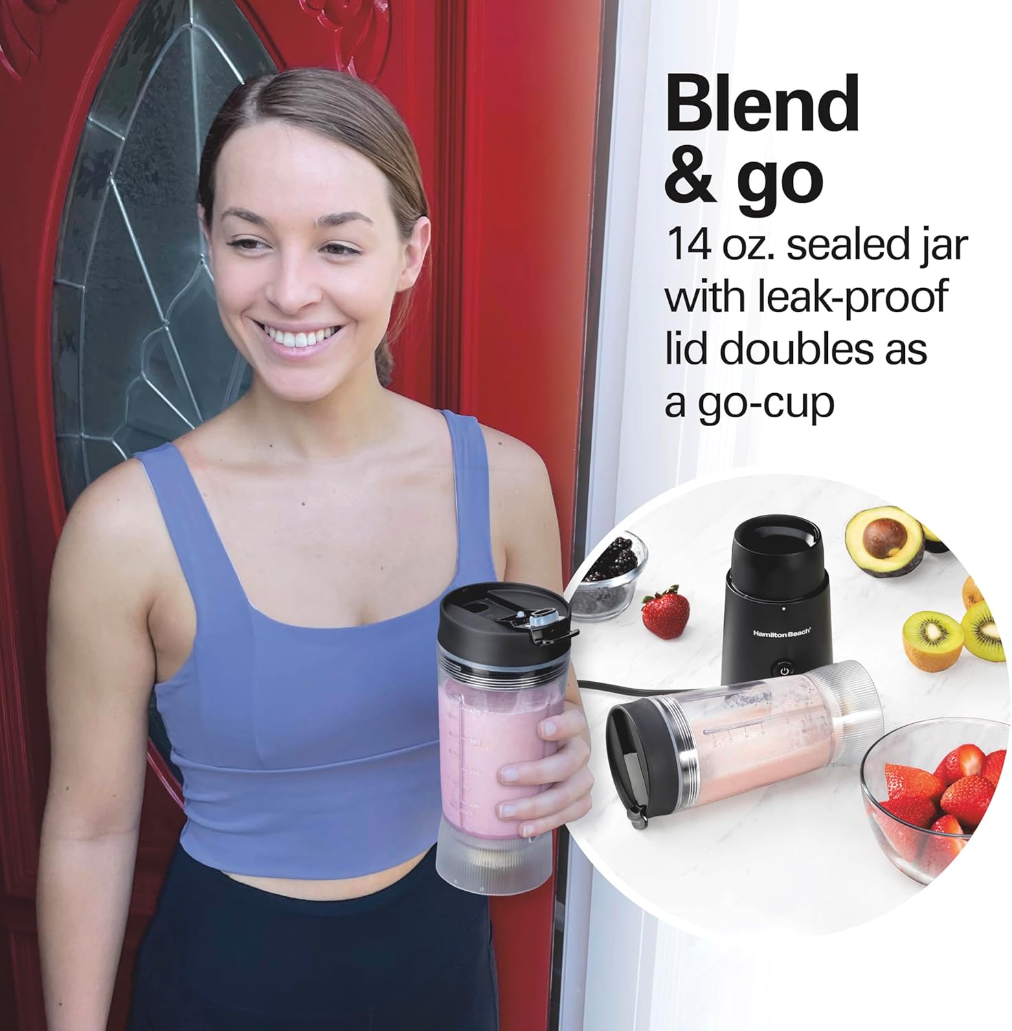 Beach Personal Blender With Leak-Proof Travel Lid - 14 oz. Jar - Black - Stainless Steel - Watts 300 - Personal Blender - 3.94 x 4.13 x 12.20 Inches