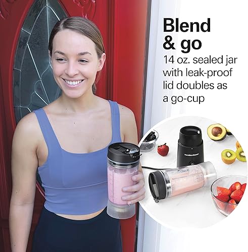 Miniatura 4 de Beach - Licuadora personal con tapa de viaje a prueba de fugas, tarro de 14 onzas, color negro, acero inoxidable, vatios 300, licuadora personal,