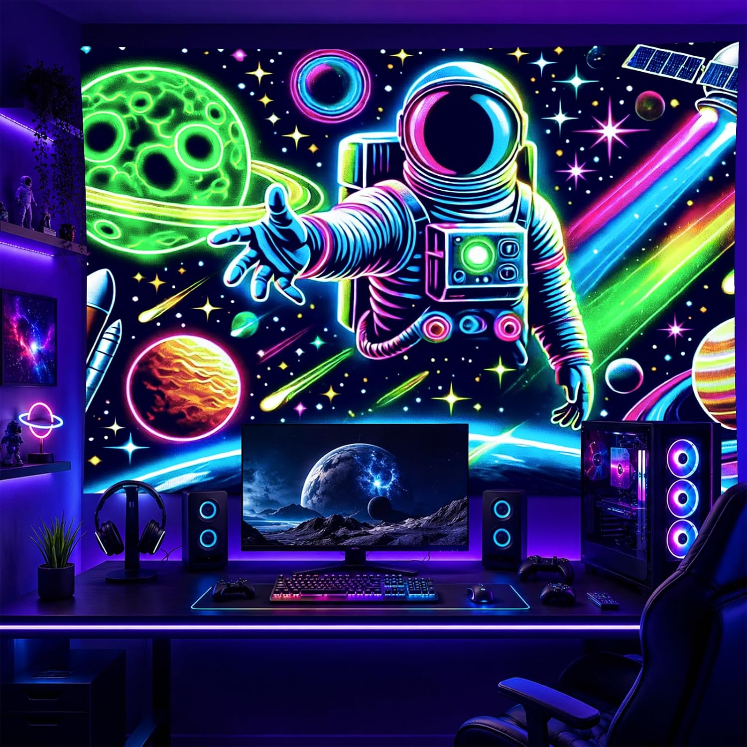 BlissYard Blacklight Tapestry Galaxy Astronaut Neon Decor image 3