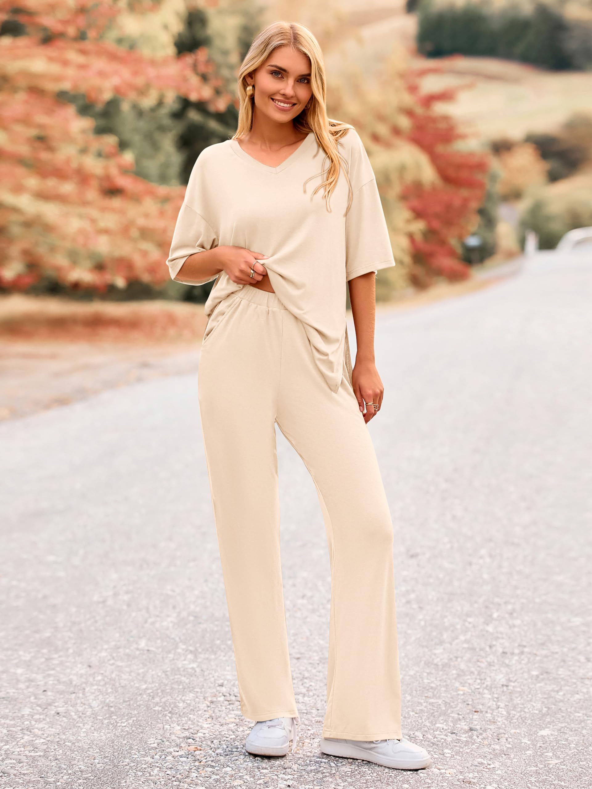MASCOMODA Completo estivo da donna, 2 pezzi, a maniche corte, scollo a V, gamba larga, pantaloni lunghi, tuta casual