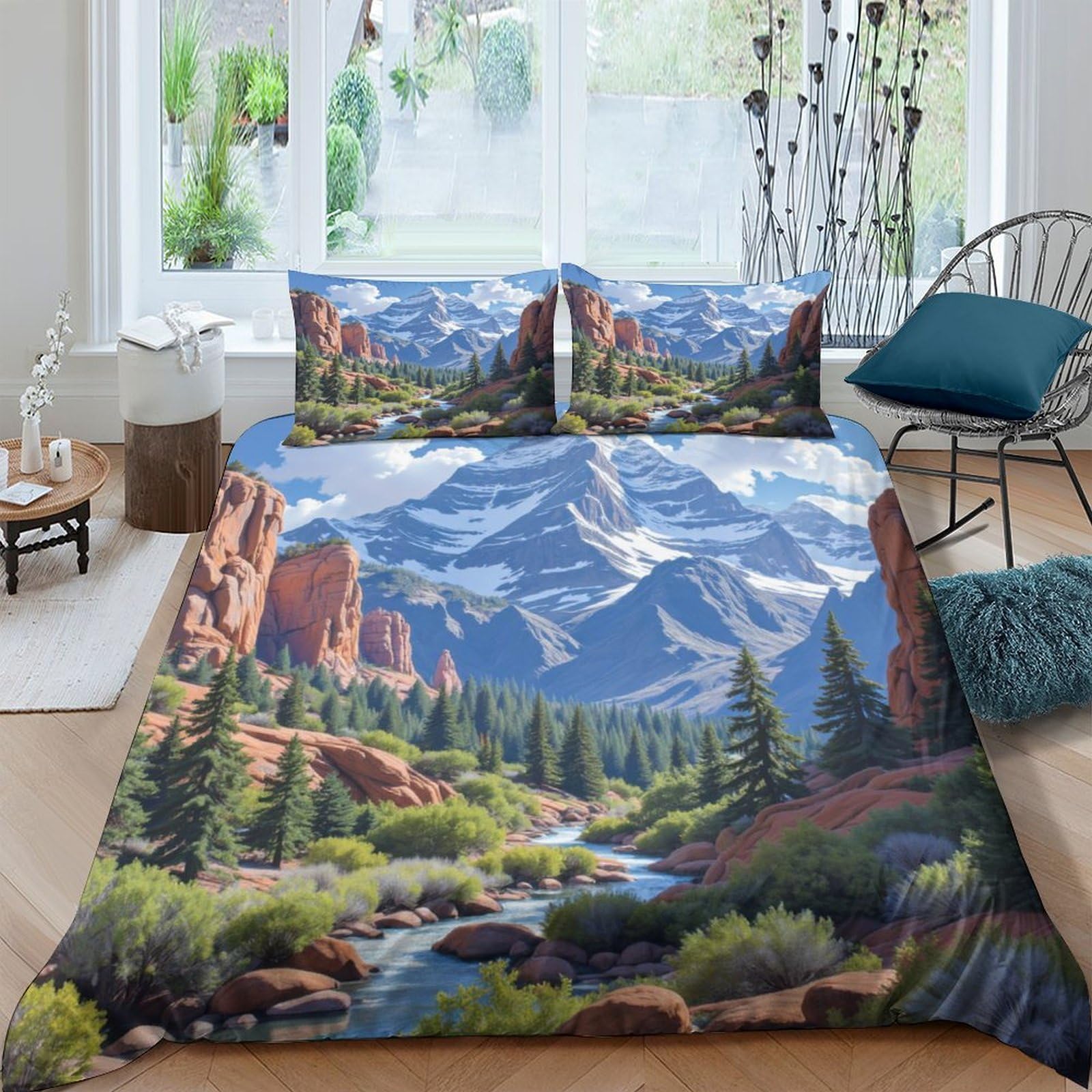 Ctjqhvkz Style-2 3D Printed Mountain Landscape Fitted Sheet Microfiber Soft Creek Valley Bed Cover For Bedroom Guest Room Decor Single（135X200cm）