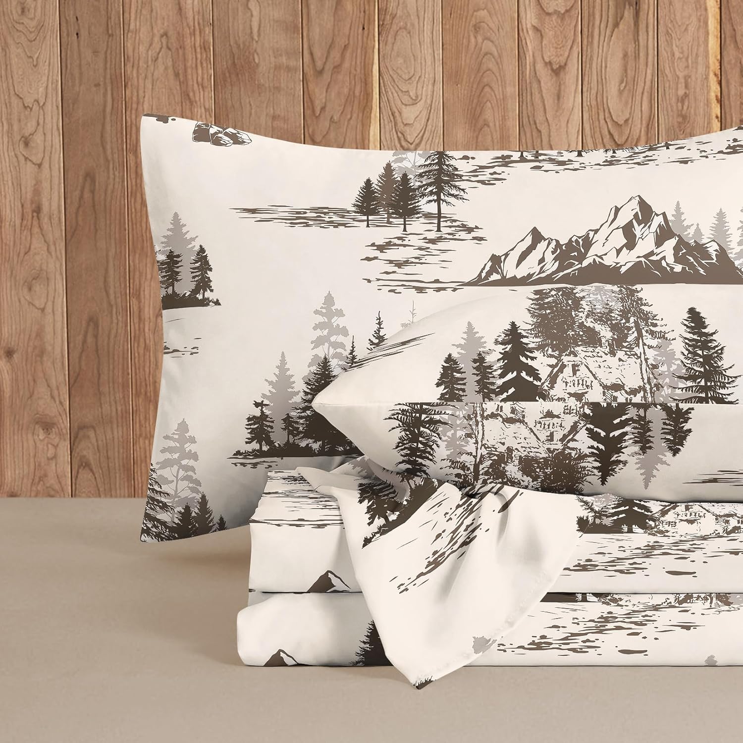 Wake In Cloud - Rustic Bed Sheets, 4-Piece Sheet Set, Cabin Forest Woodland Camping Theme with Lodge Mountain Pattern Printed Bedding, Deep Pocket, Grey White, Queen Size