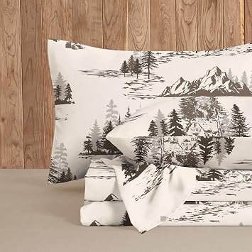 Wake In Cloud - Rustic Bed Sheets, 4-Piece Sheet Set, Cabin Forest Woodland Camping Theme with Lodge Mountain Pattern Printed Bedding, Deep Pocket, Beige Brown, Queen Size