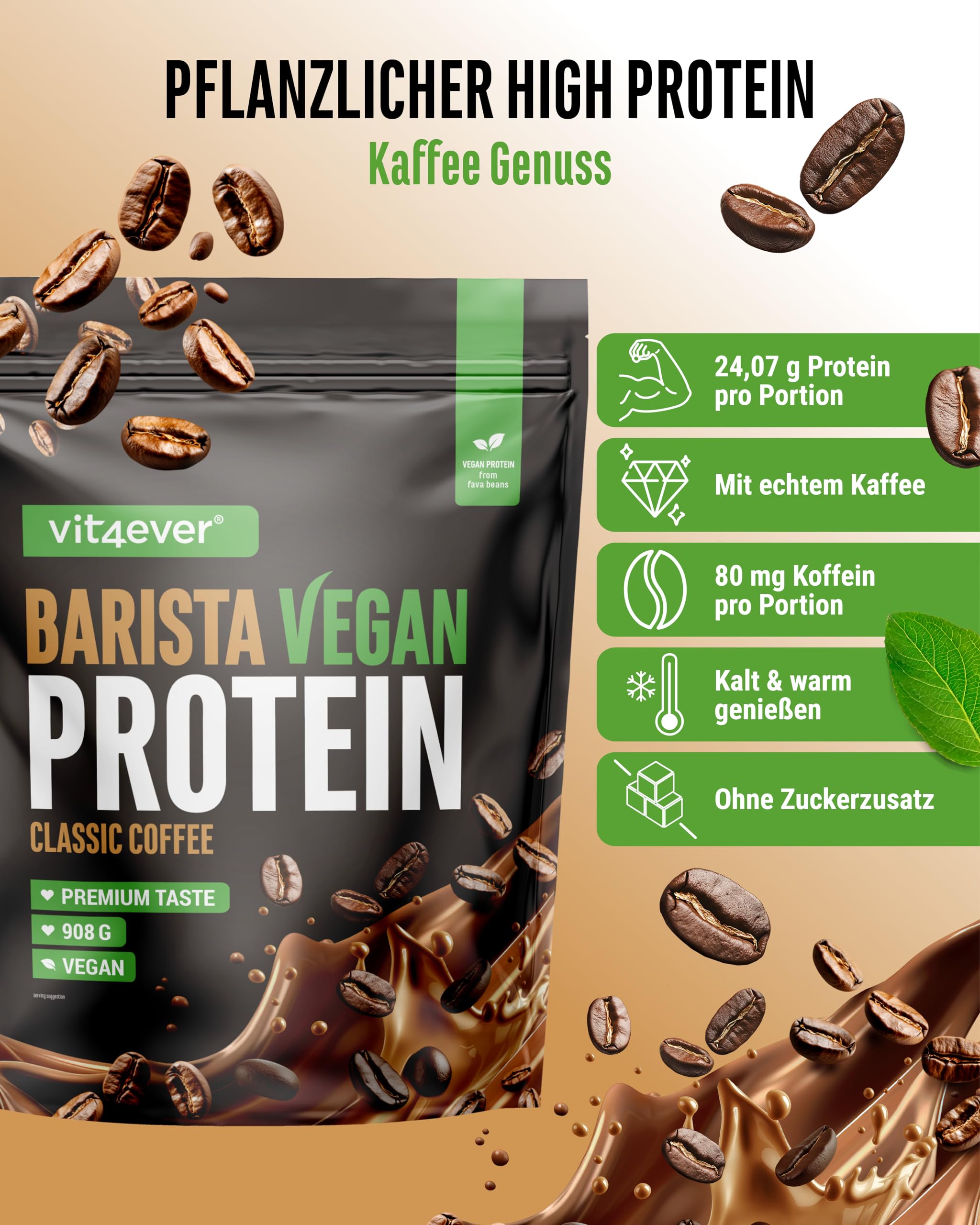 vit4ever Barista Protein Coffee – Cremiger pflanzlicher Protein-Kaffee mit echtem Kaffee & Koffein, wenig Zucker & Fett, ohne Soja – 908 g, Classic Pflanzenproteine Vegan | 24g Protein & 80mg Koffein pro Portion, mit echtem Kaffee, Favabohnen-Protein, ohn