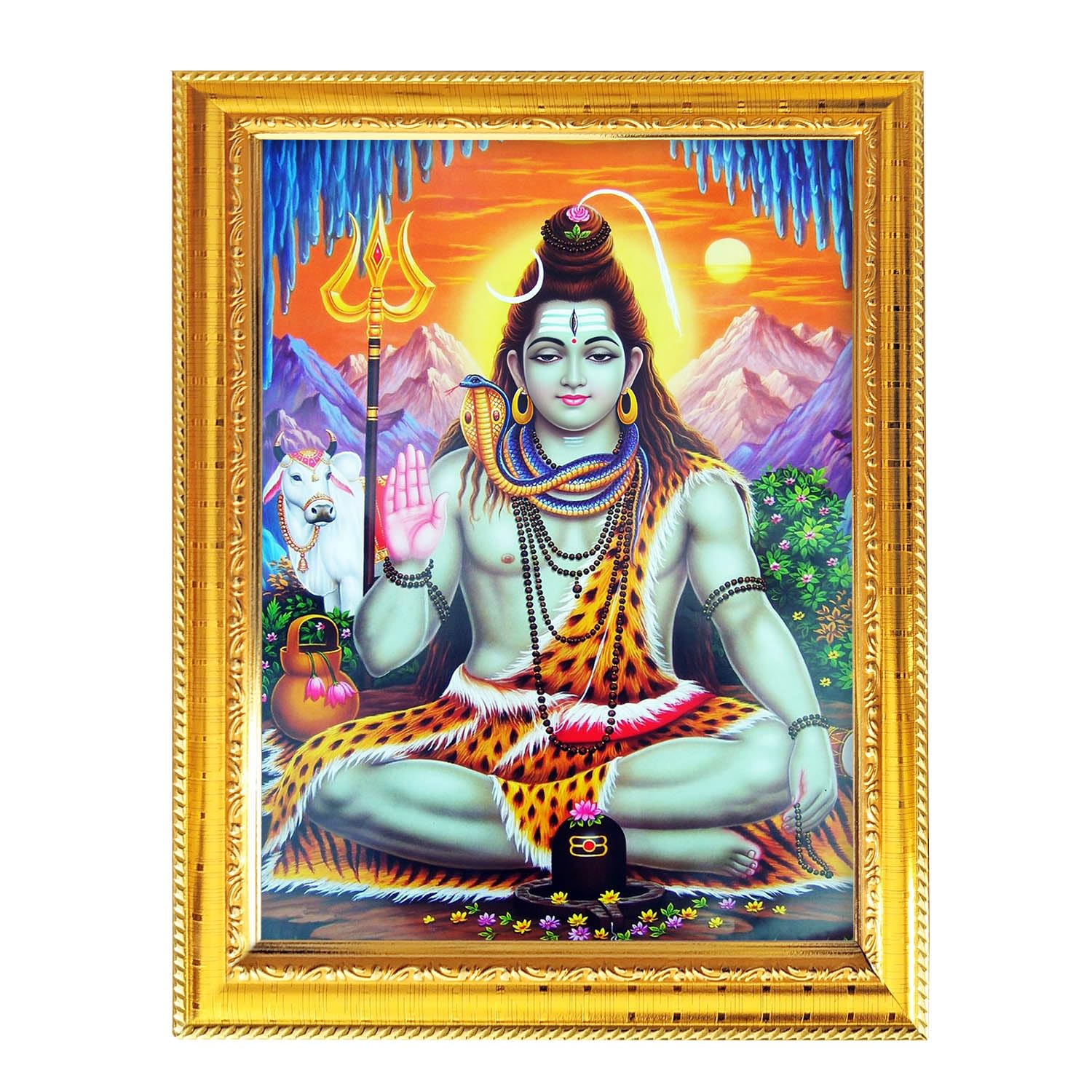 Fashnkart Lord Shiva Mahadeva Maheshvara Trilokinatha Shambhu Hindu God Photo With Golden Frame Table Wall Pooja Room Worship Religious Spiritual 8.3X6.5
