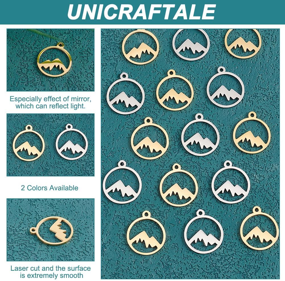 UNICRAFTALE Mountain Charms Flat Round with Mountain Dangle Pendants Stainless Steel Pendants Hypoallergenic Hollow Charms for Outdoor Lovers Hikers Skiers Climbers