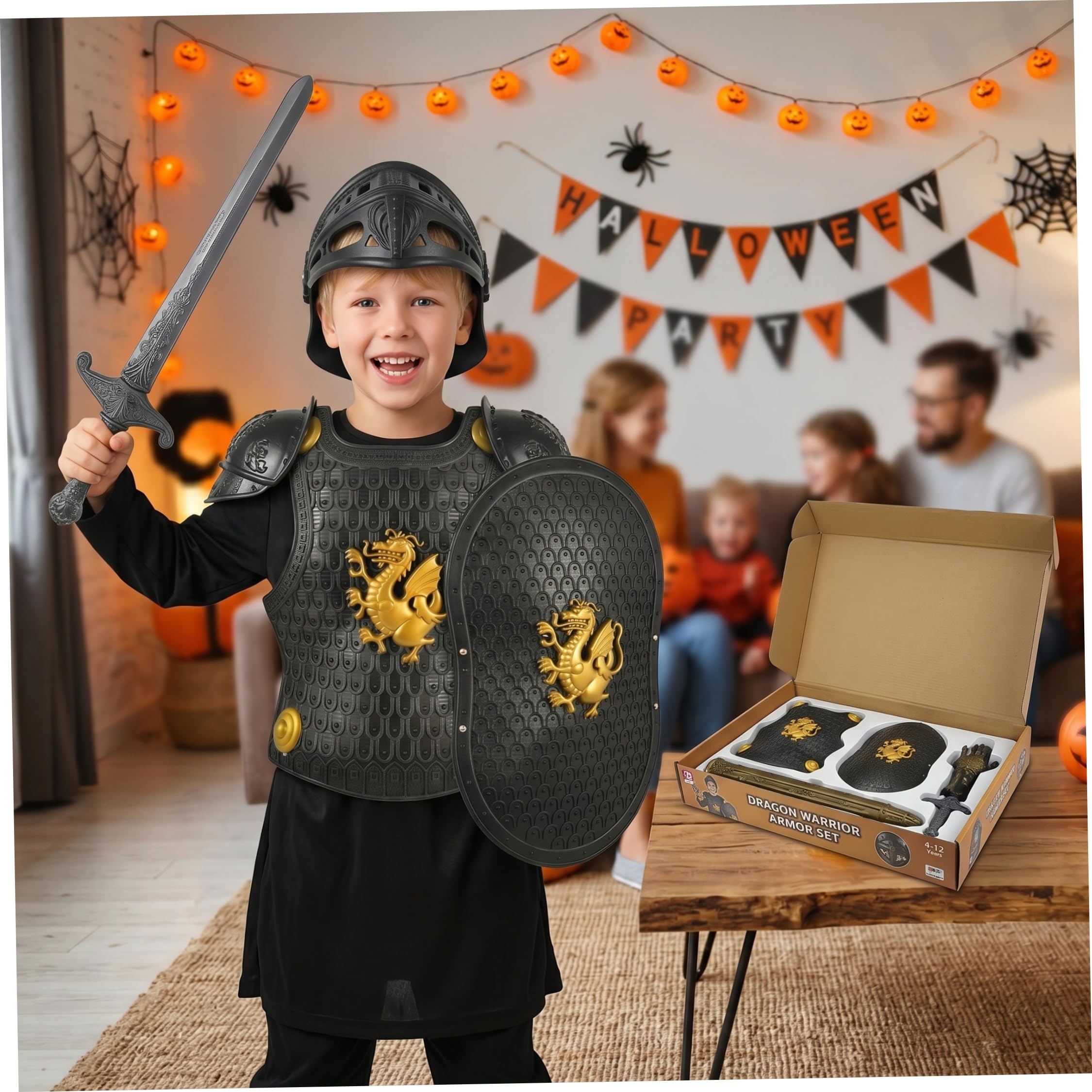 Costume da cavaliere per ragazzi, set di armature per bambini a tema drago, con casco, scudo e spada, nero