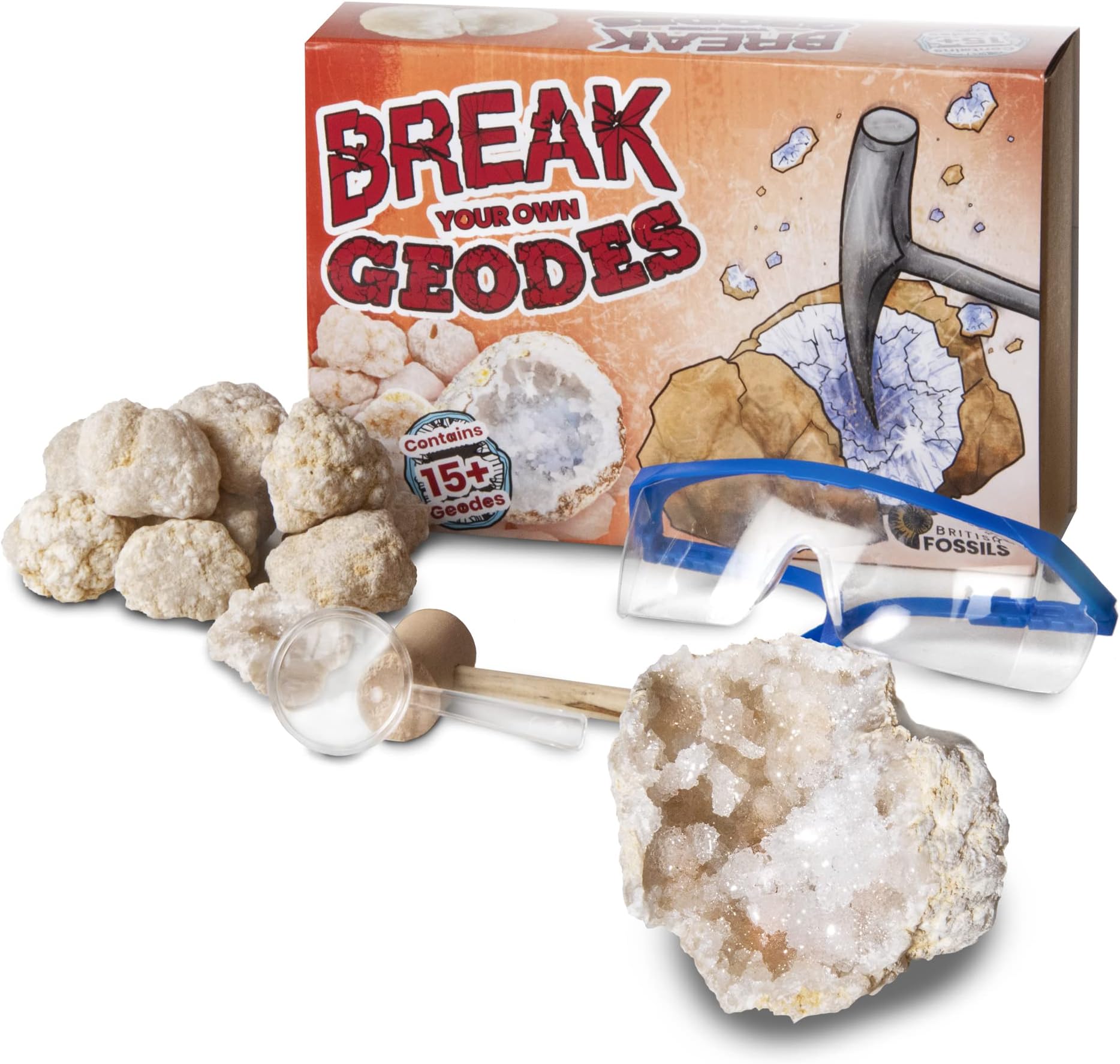 Break Open 15+ Large Geodes! - Includes an Information card, Safety goggles, Magnifying Glass and a Bag to Break Your Geodes!