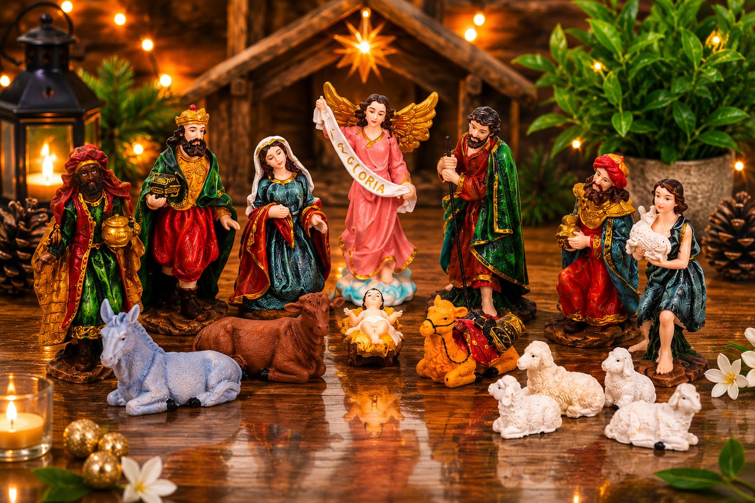 KariGhar® Crèche de Noël 15 pièces - Parfait pour un cadeau de Noël - Décoration - Marie, Joseph, bébé Jésus, ange, 3 mages, berger, 7 animaux (10,2 cm (multicolore, A0138))
