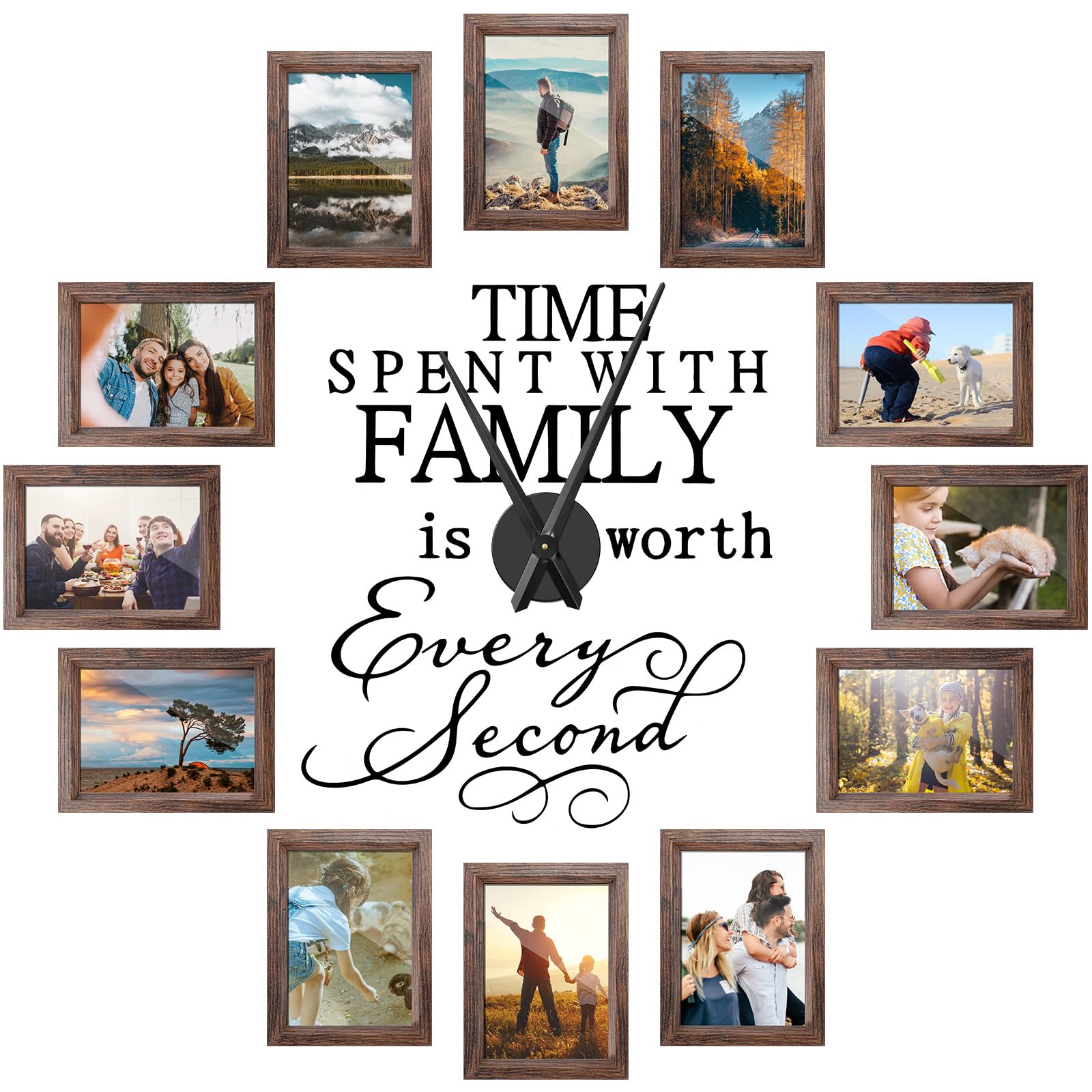 Horloge murale avec citation familiale et cadres photo pour album mural