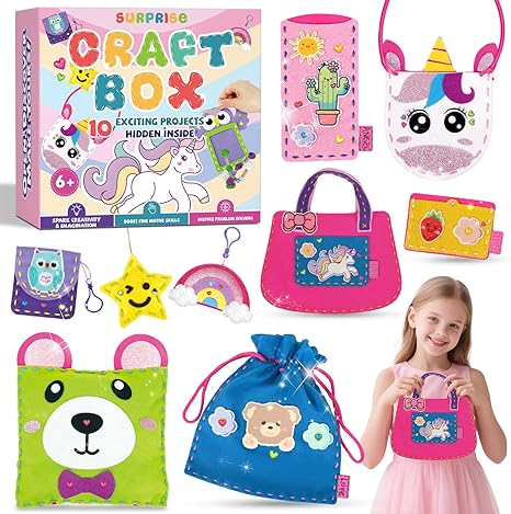 Sewing Kit for Beginner Kids, 10Pcs Unicorn DIY Box Arts and Crafts, My First Felt Kit Projects, Art Craft Supplies, Learn to Sew Embroidery Kit, Birthday Gift for Girls 3 4 5 6 7 8 Years Old