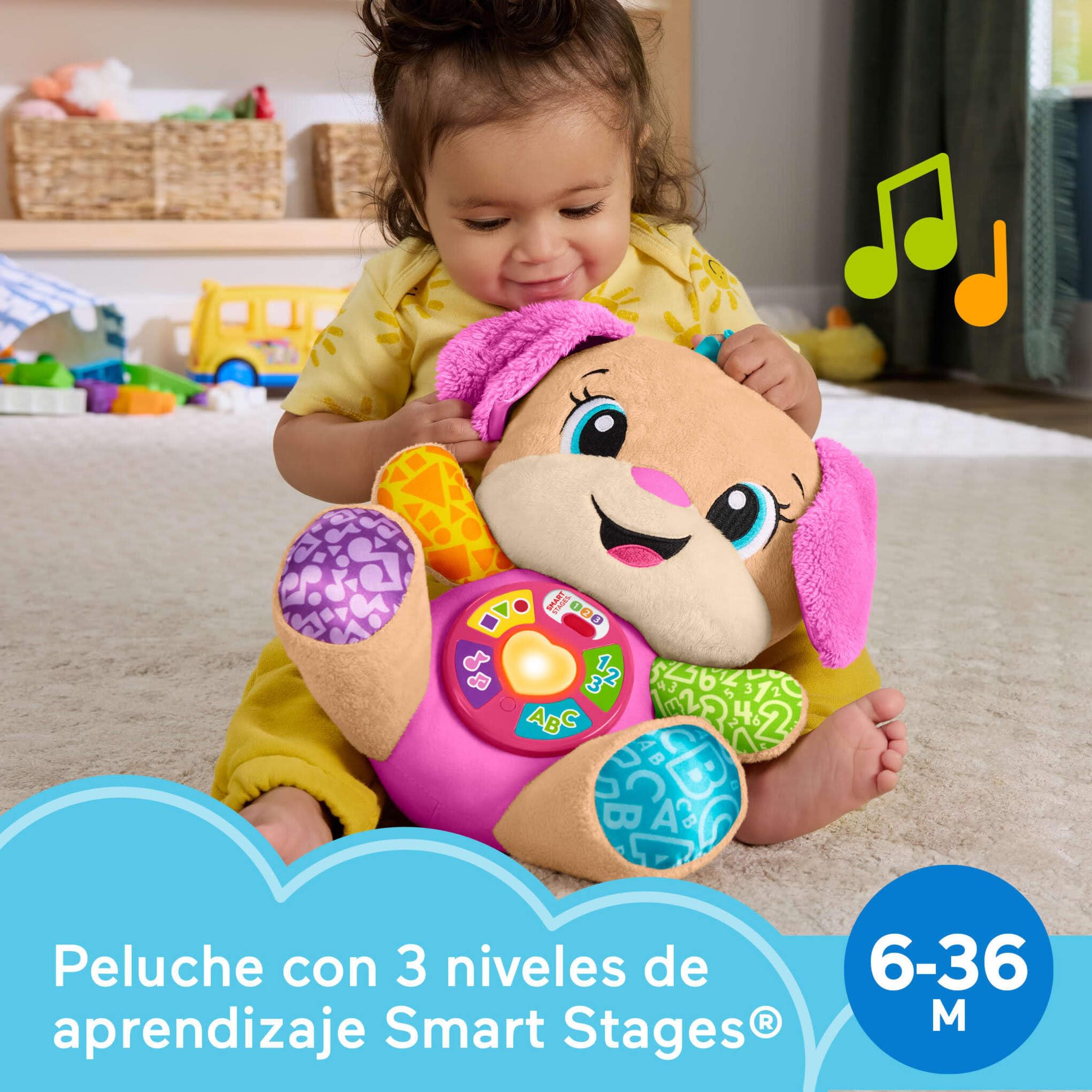 Fisher-Price Laugh & Learn Perrita con Smart Stages Peluche musical de aprendizaje con Smart Stages para bebés a partir de 6 meses, versión multilingüe: Italiano, Español, Portugués, Inglés, JFD35